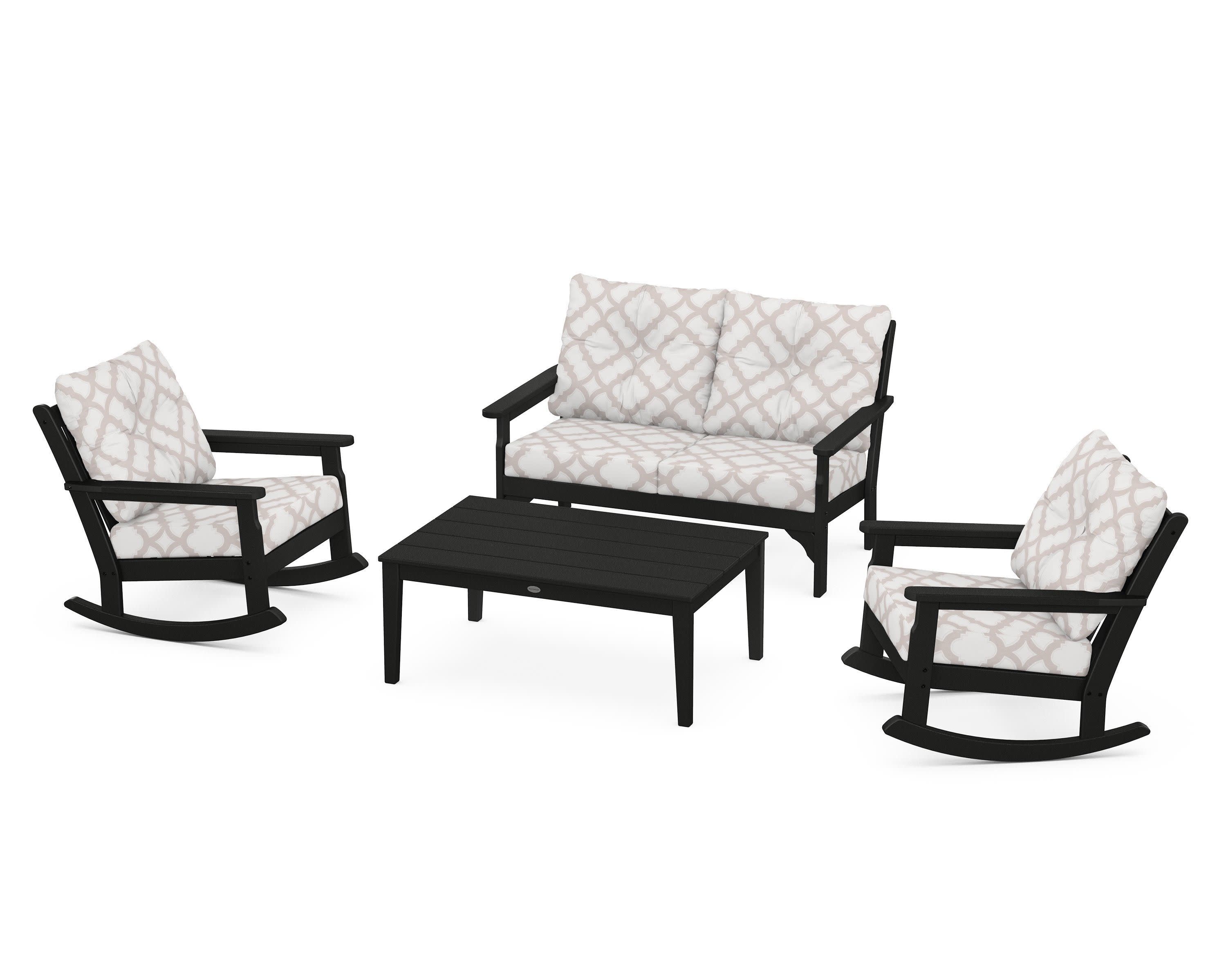 Vineyard 4-Piece Deep Seating Rocking Chair Set in Black / Trellis Dune Burlap