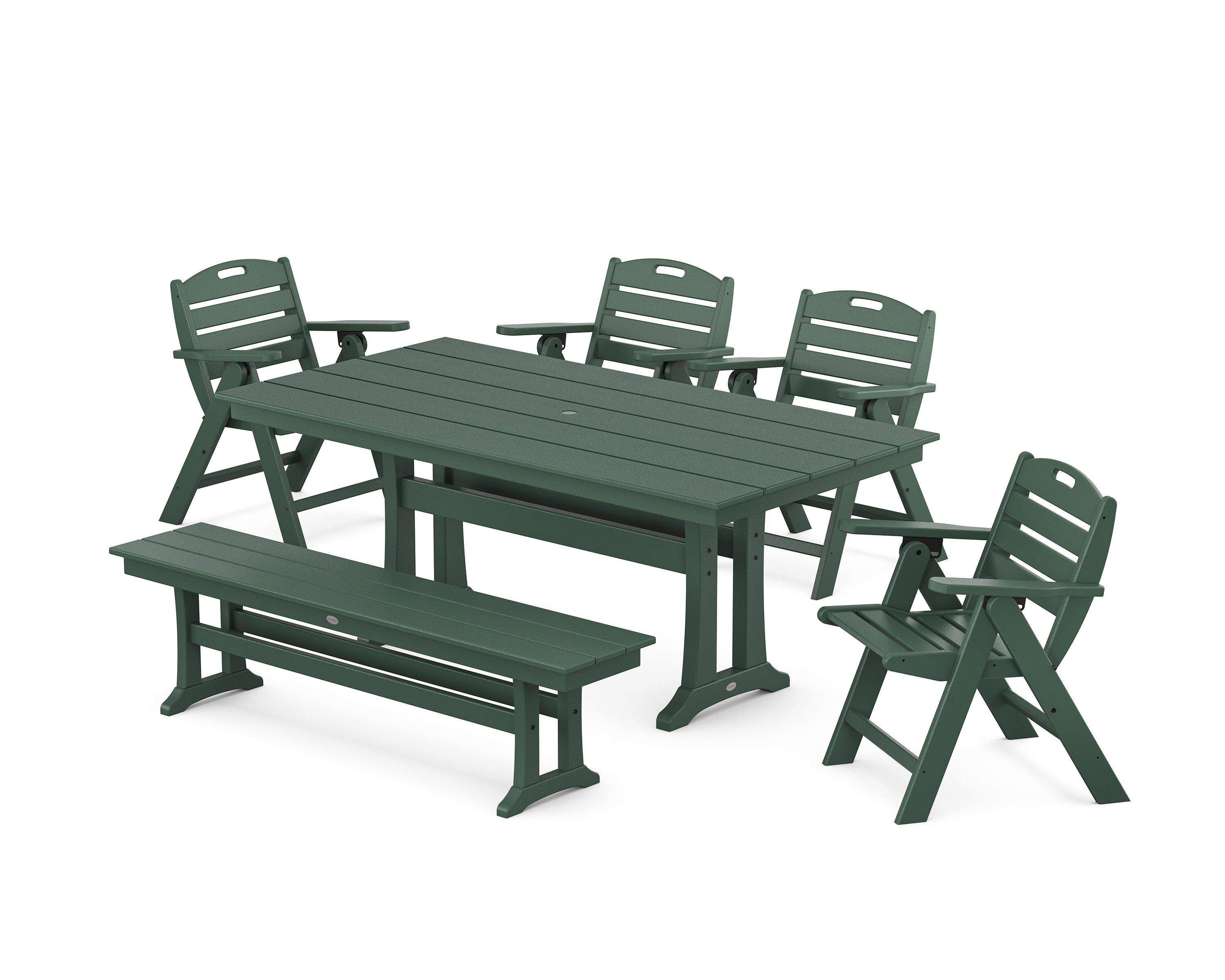 Nautical Lowback 6-Piece Farmhouse Dining Set with Trestle Legs and Bench in Green
