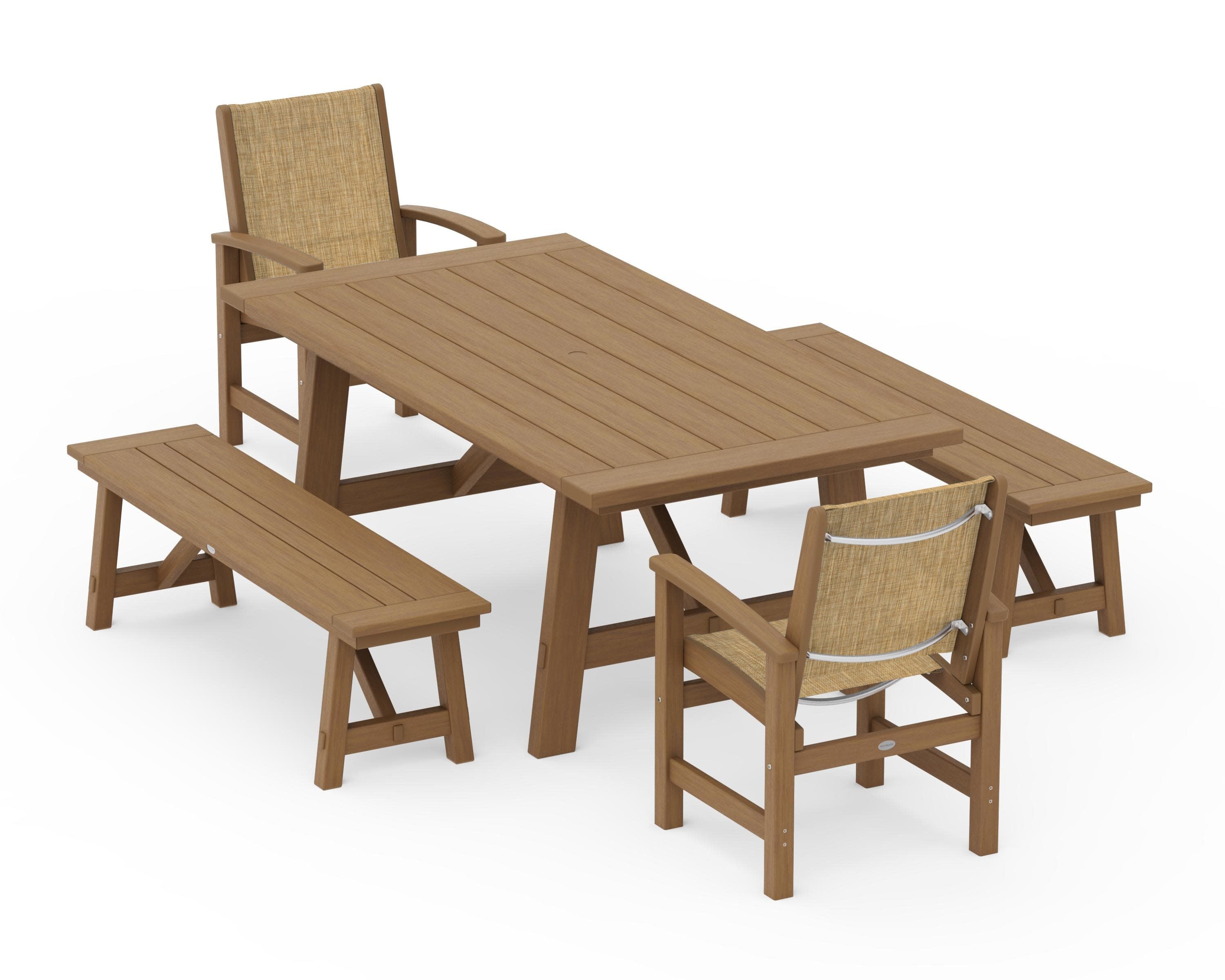 Coastal 5-Piece Rustic Farmhouse Dining Set With Benches in Natural / Burlap Sling