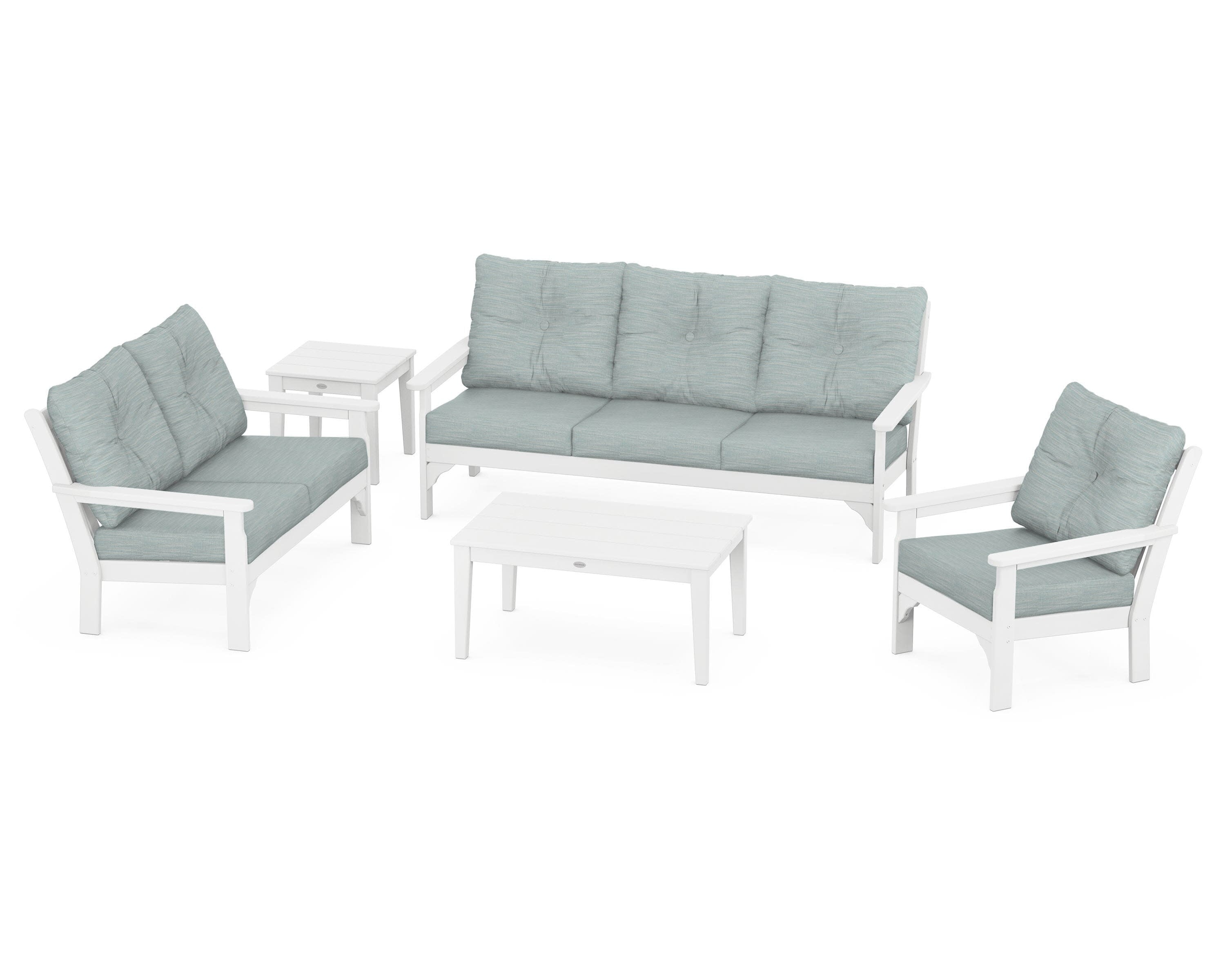 Vineyard 5 Piece Deep Seating Set in White / Soothe Mist