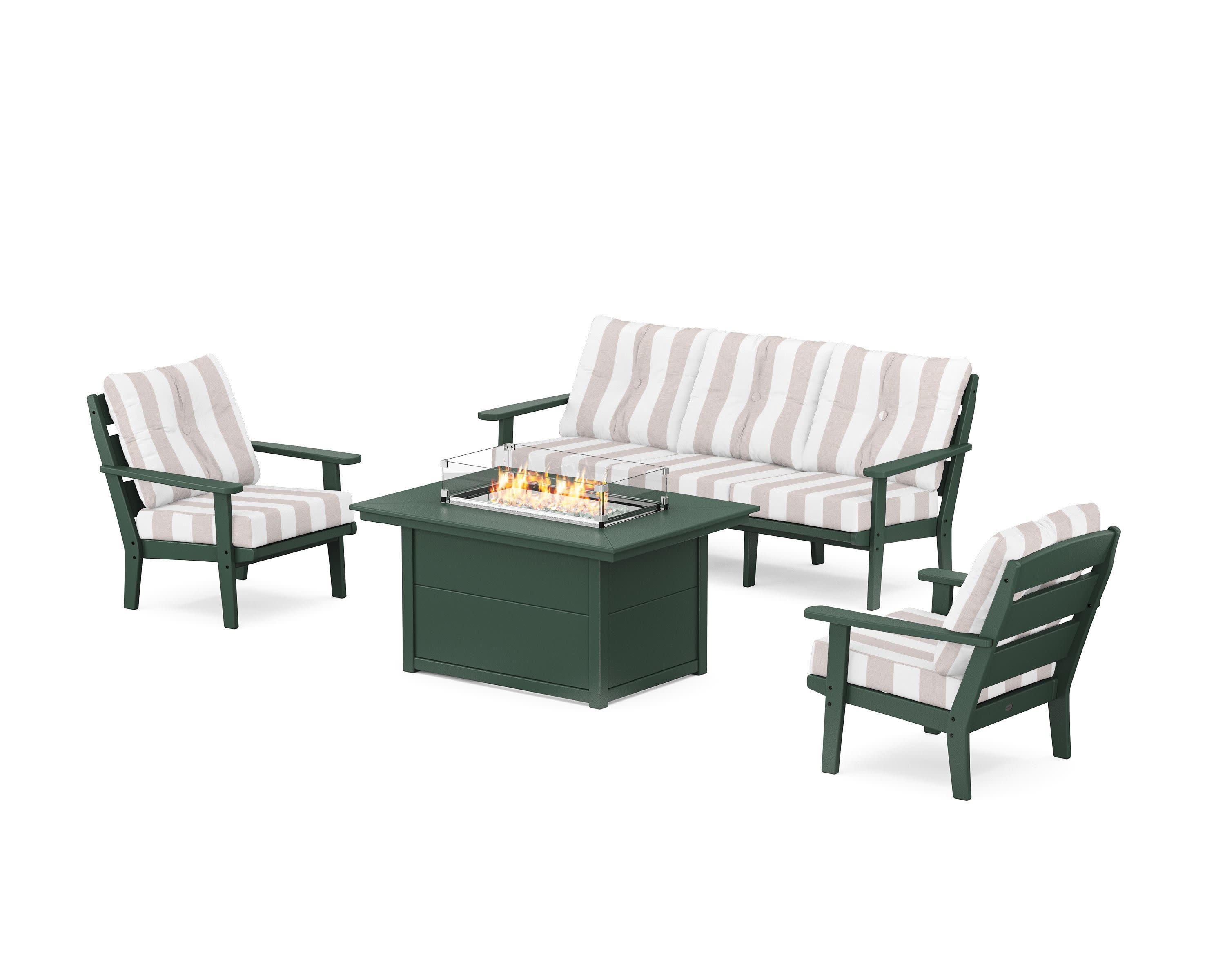 Lakeside Deep Seating Fire Pit Table Set in Green / Cabana Stripe Dune Burlap