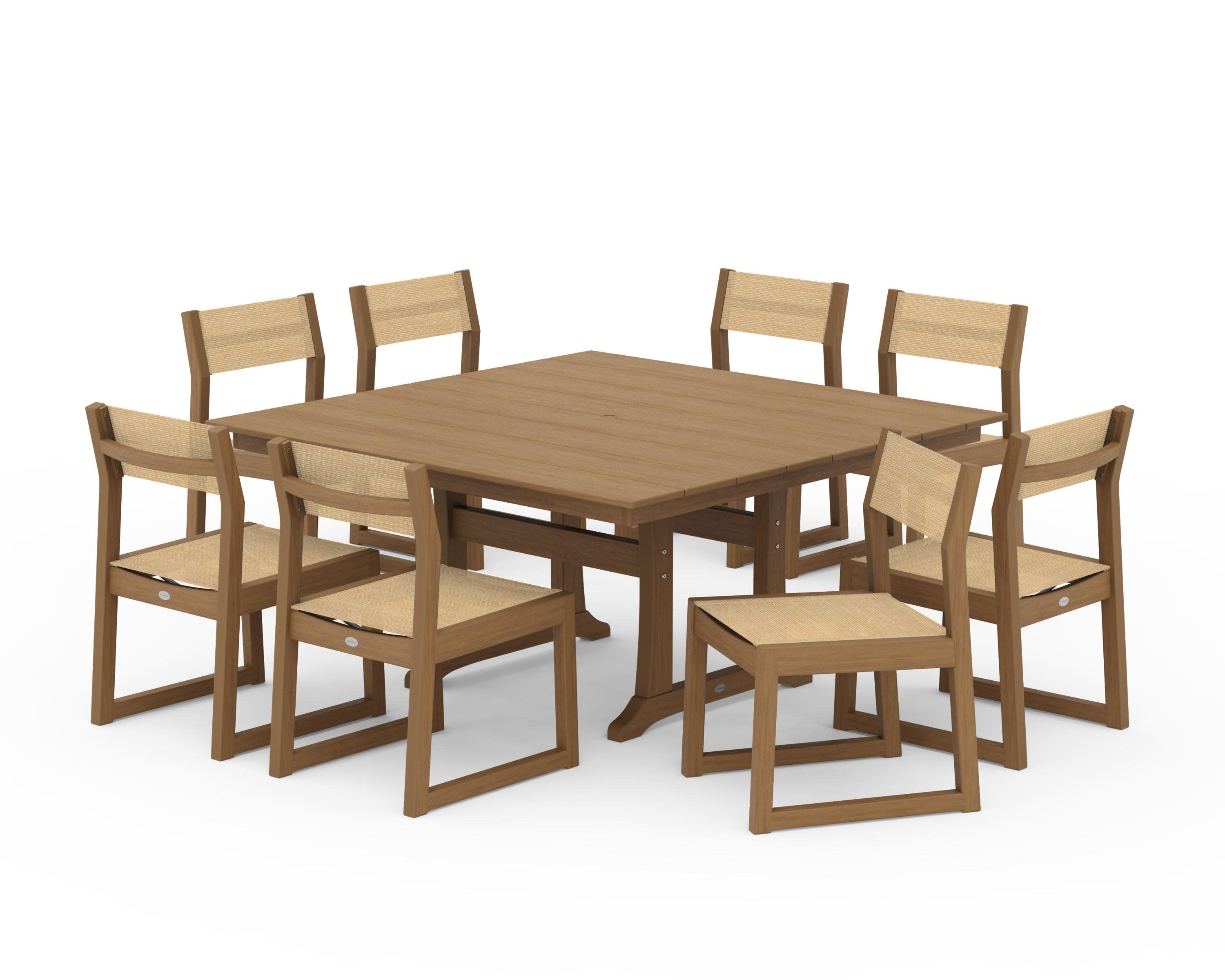EDGE Sling Side Chair 9-Piece Farmhouse Trestle Dining Set in Natural / Dupioni Apricot Sling