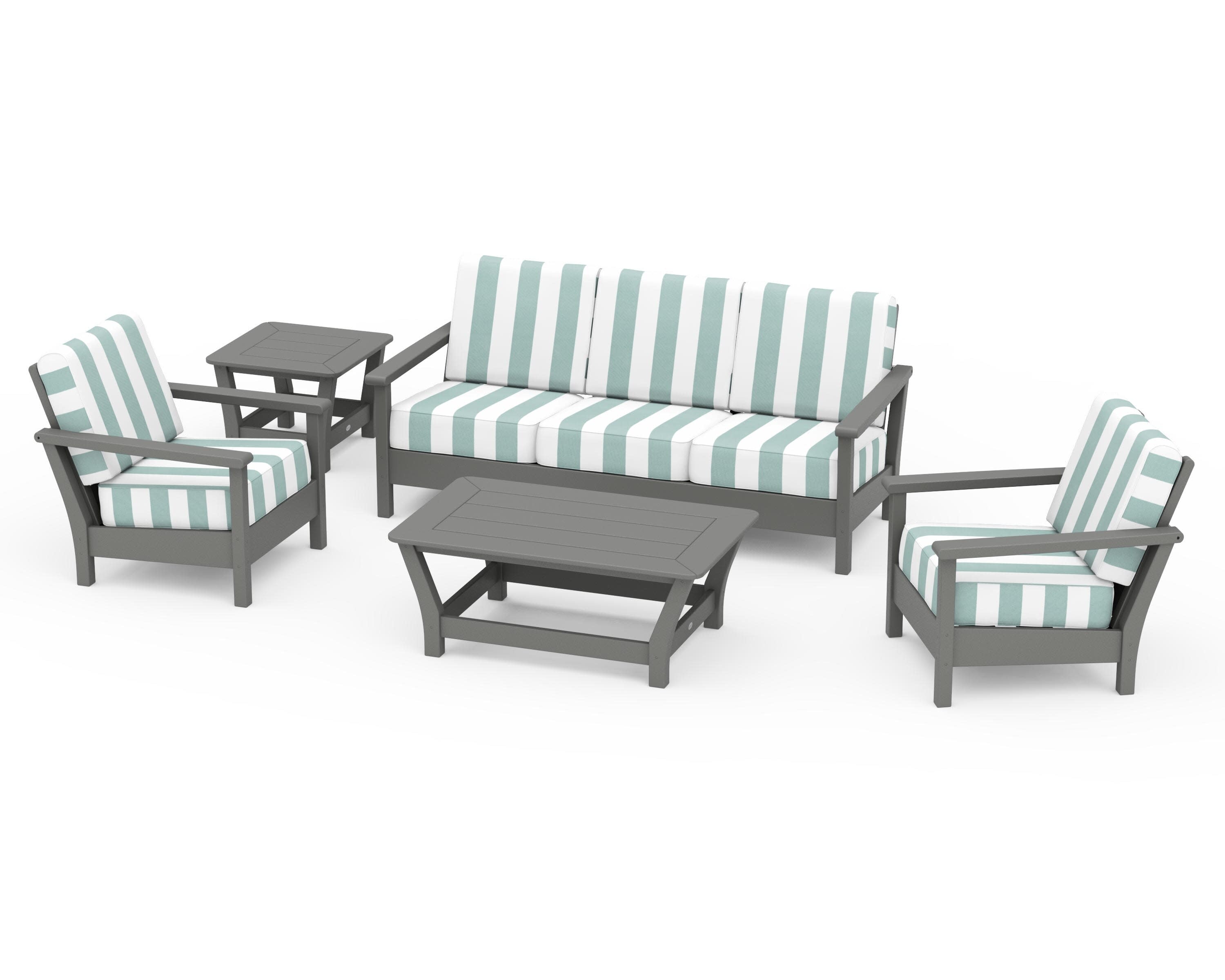 Harbour 5-Piece Deep Seating Set in Slate Grey / Cabana Stripe Glacier Spa