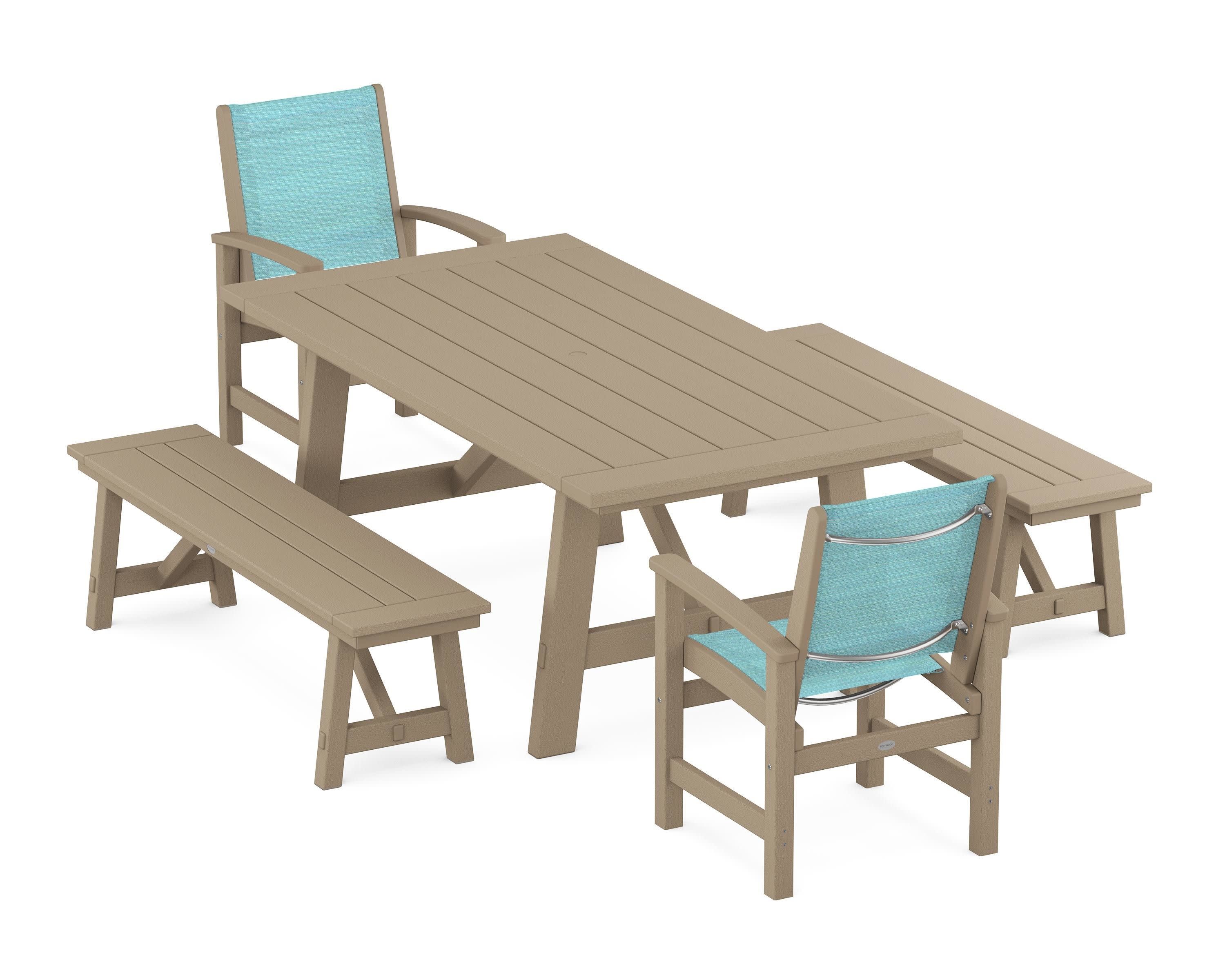 Coastal 5-Piece Rustic Farmhouse Dining Set With Benches in Vintage Sahara / Dupioni Aquamarine Sling