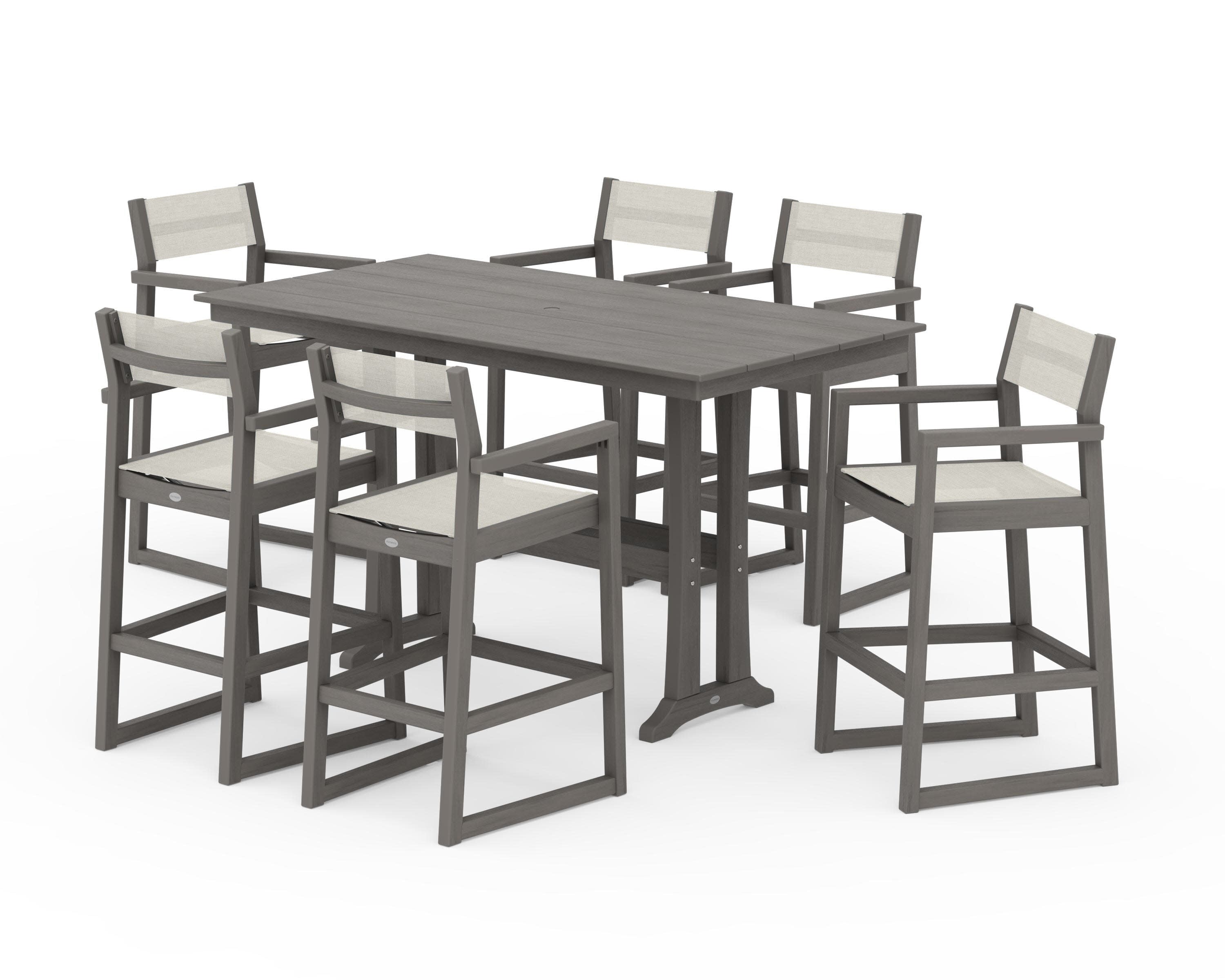 EDGE Sling Arm Chair 7-Piece Farmhouse Bar Set with Trestle Legs in Driftwood / Parchment Sling