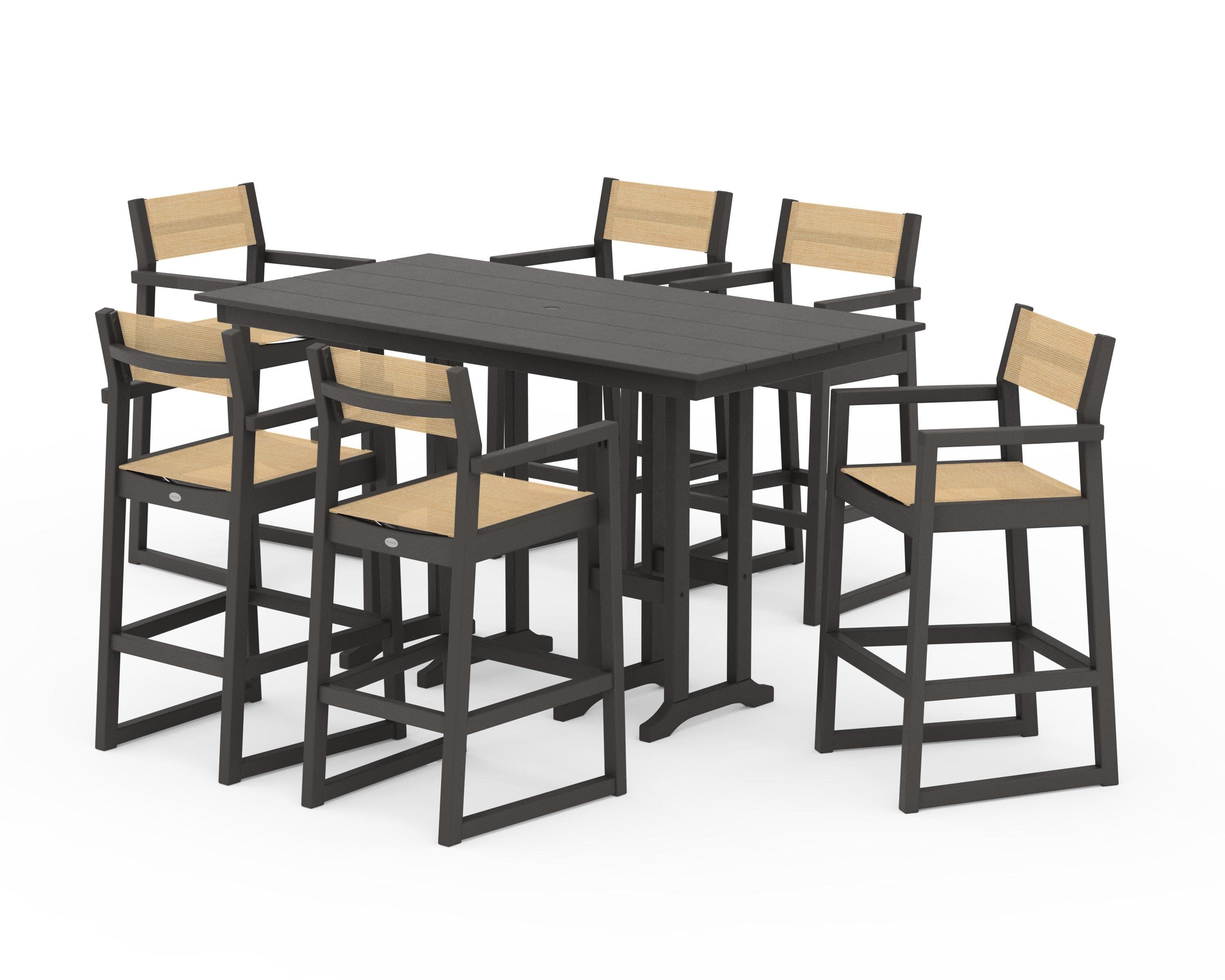EDGE Sling Arm Chair 7-Piece Farmhouse Bar Set in Vintage Coffee / Dupioni Apricot Sling