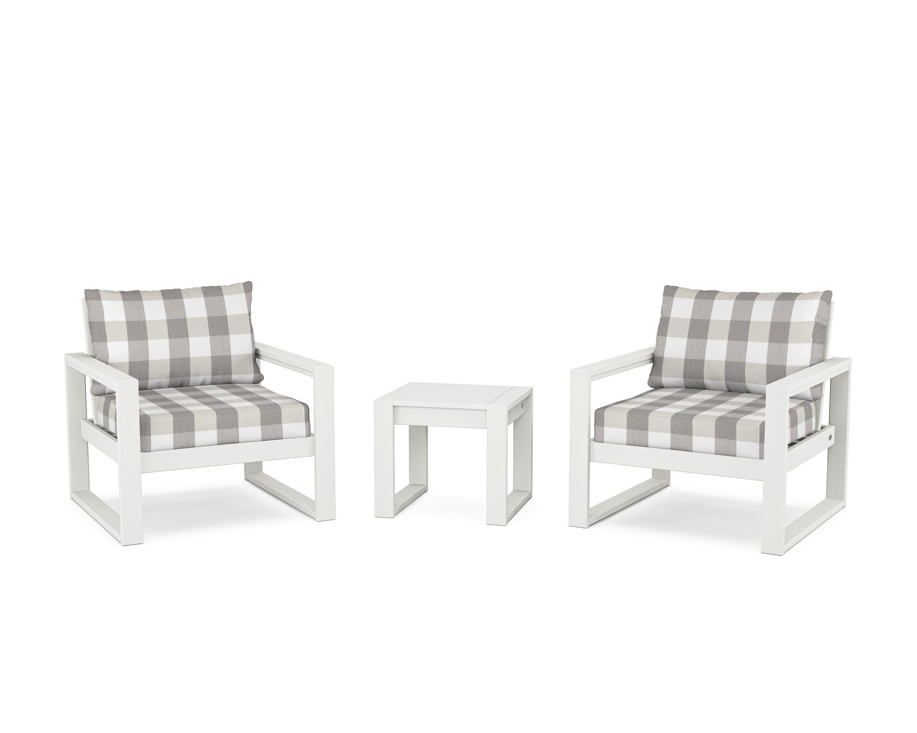 EDGE Sectional 3-Piece Deep Seating Set in Vintage White / Buffalo Plaid Grey Mist