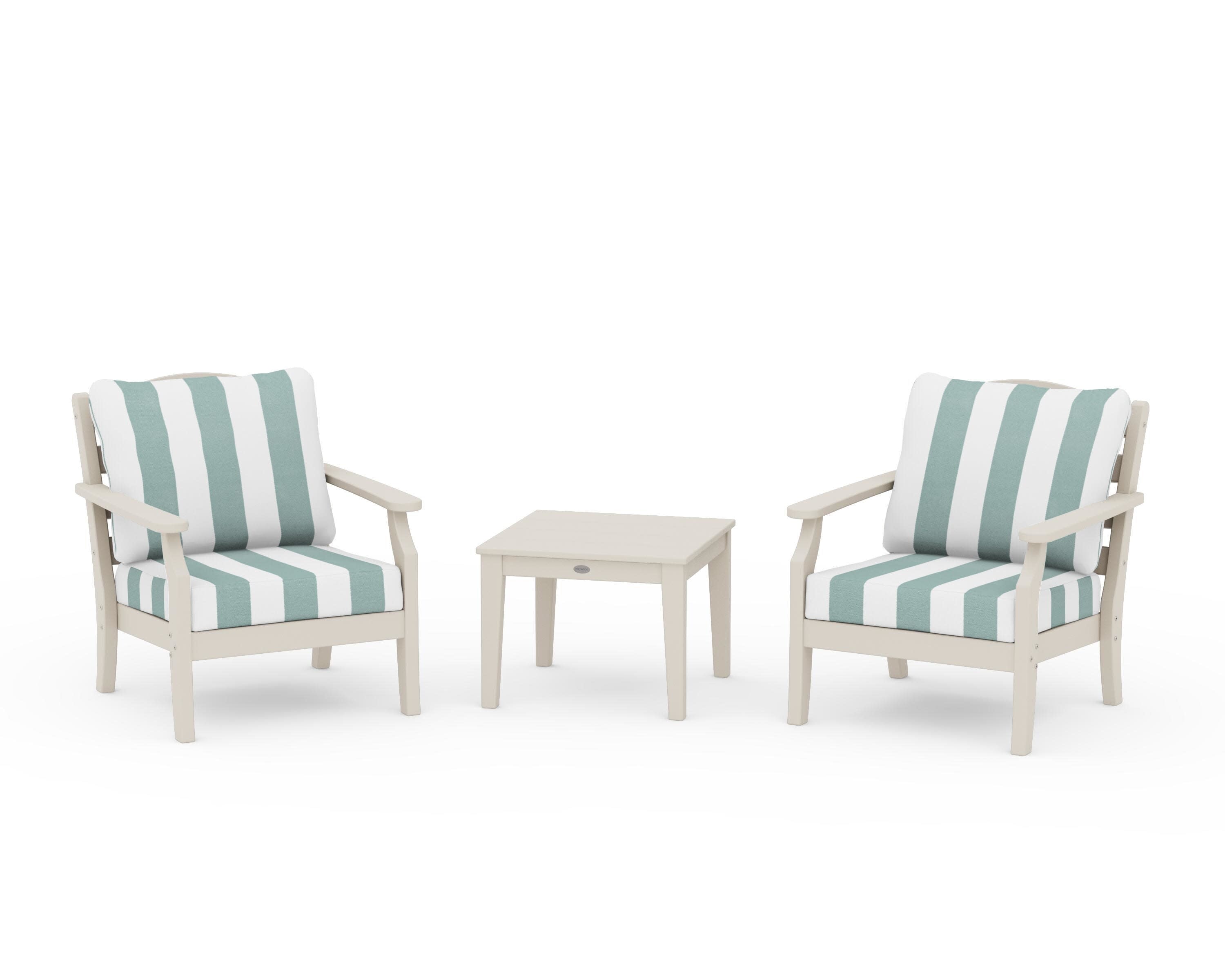 Savannah 3-Piece Deep Seating Set in Sand / Cabana Stripe Glacier Spa