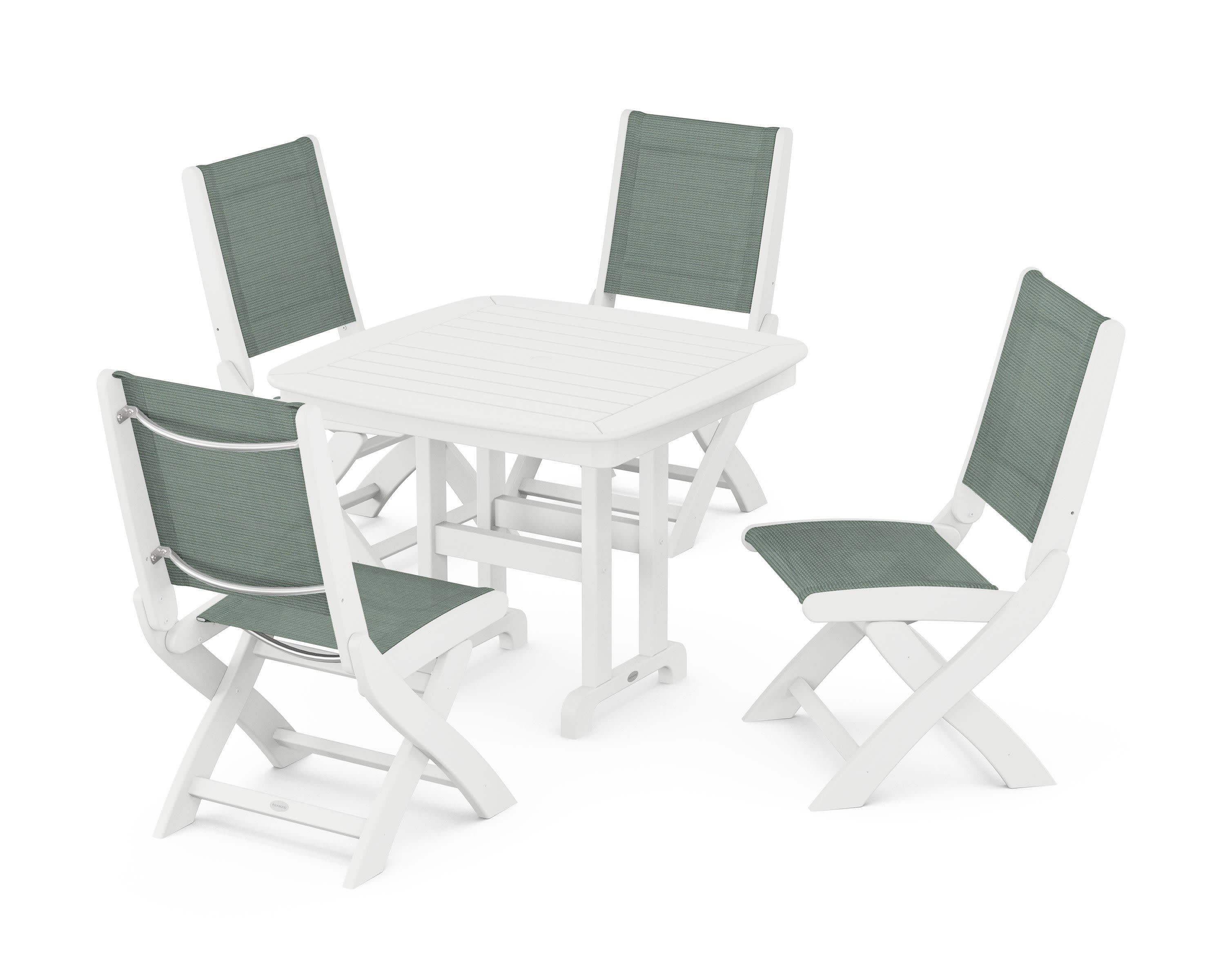 Coastal Folding Side Chair 5-Piece Dining Set in White / Dupioni Sea Mist Sling