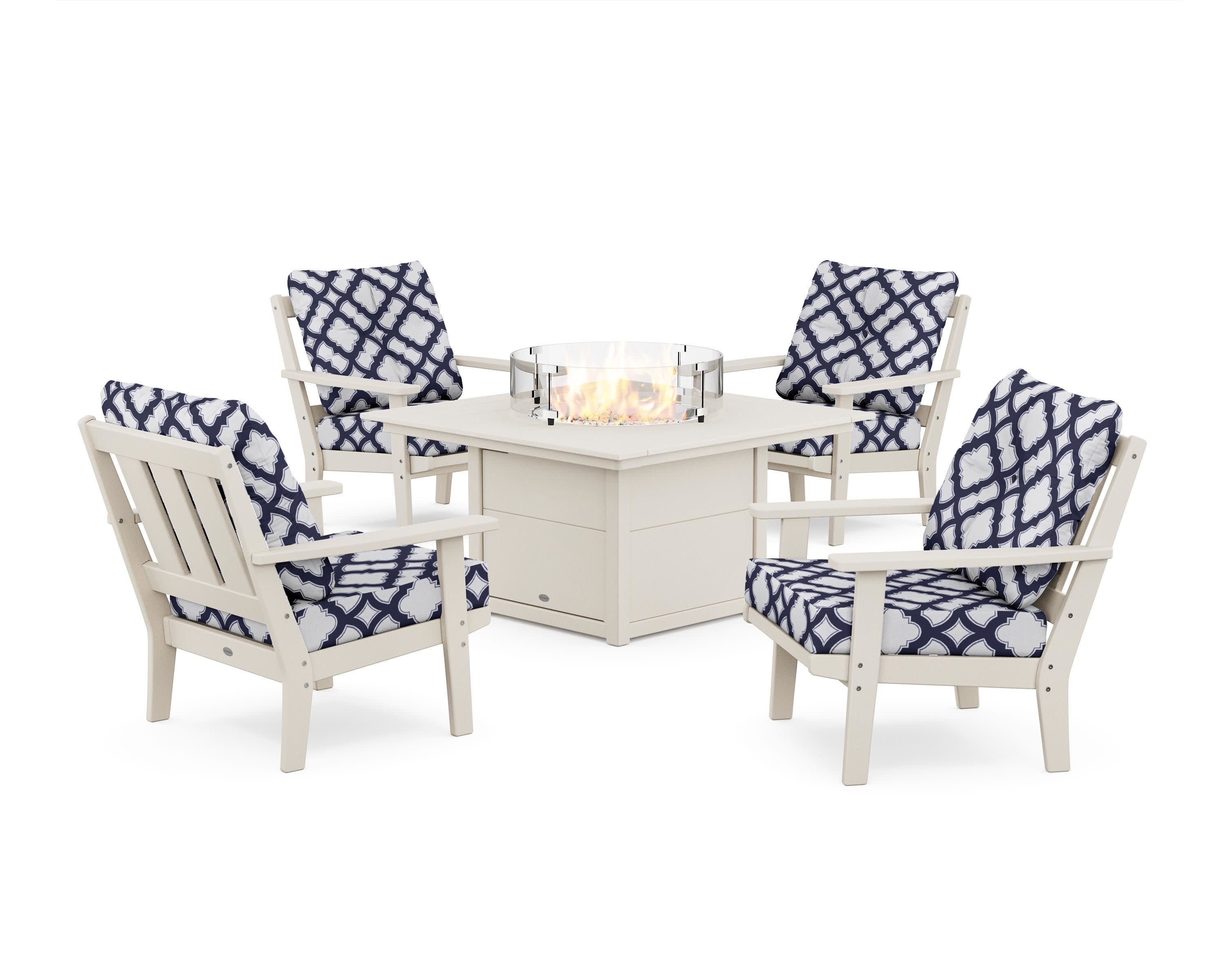Oxford 5-Piece Deep Seating Set with Fire Pit Table in Sand / Trellis Navy