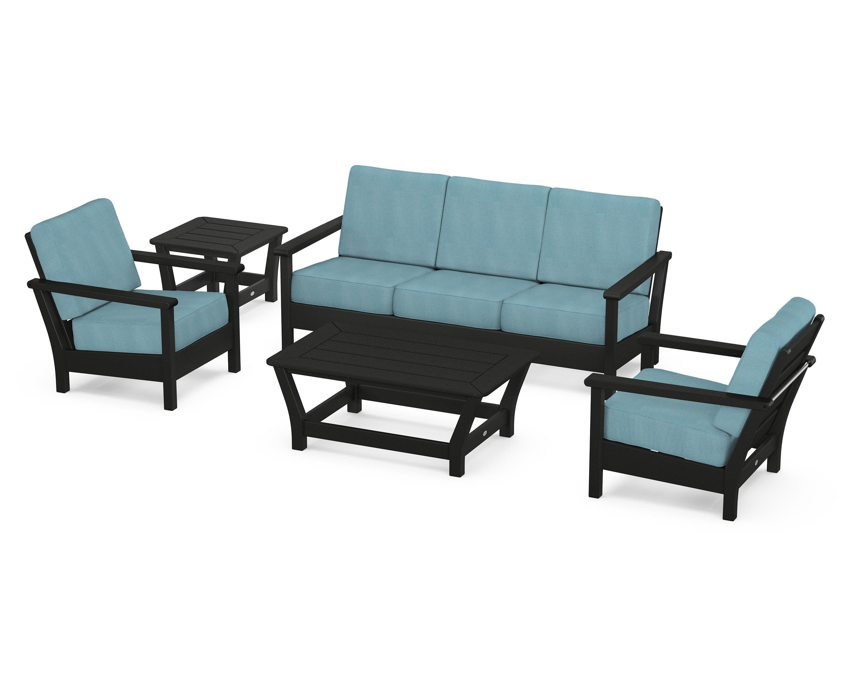 Harbour 5-Piece Deep Seating Set in Black / Lattice Sky Blue