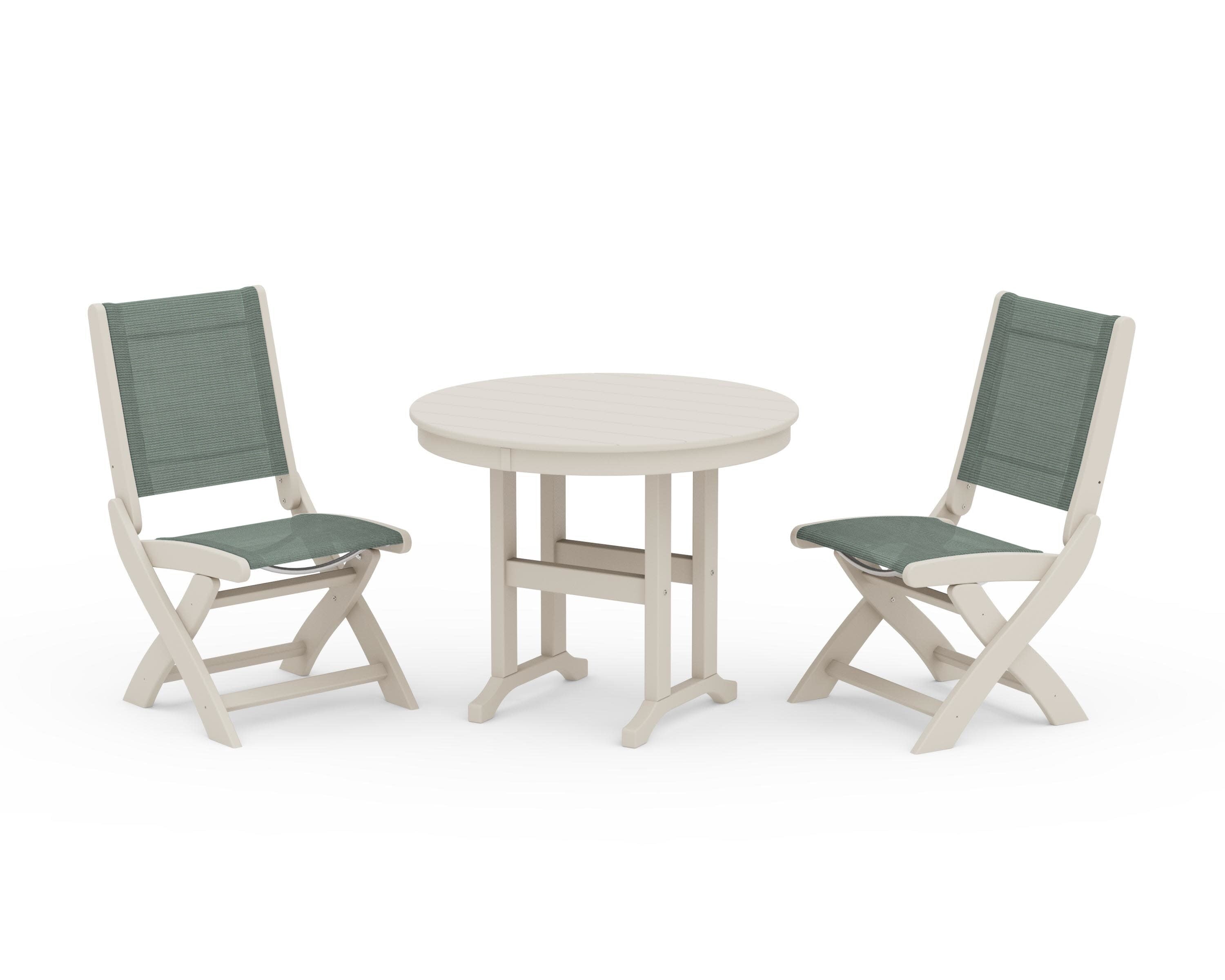 Coastal Folding Side Chair 3-Piece Round Dining Set in Sand / Dupioni Sea Mist Sling