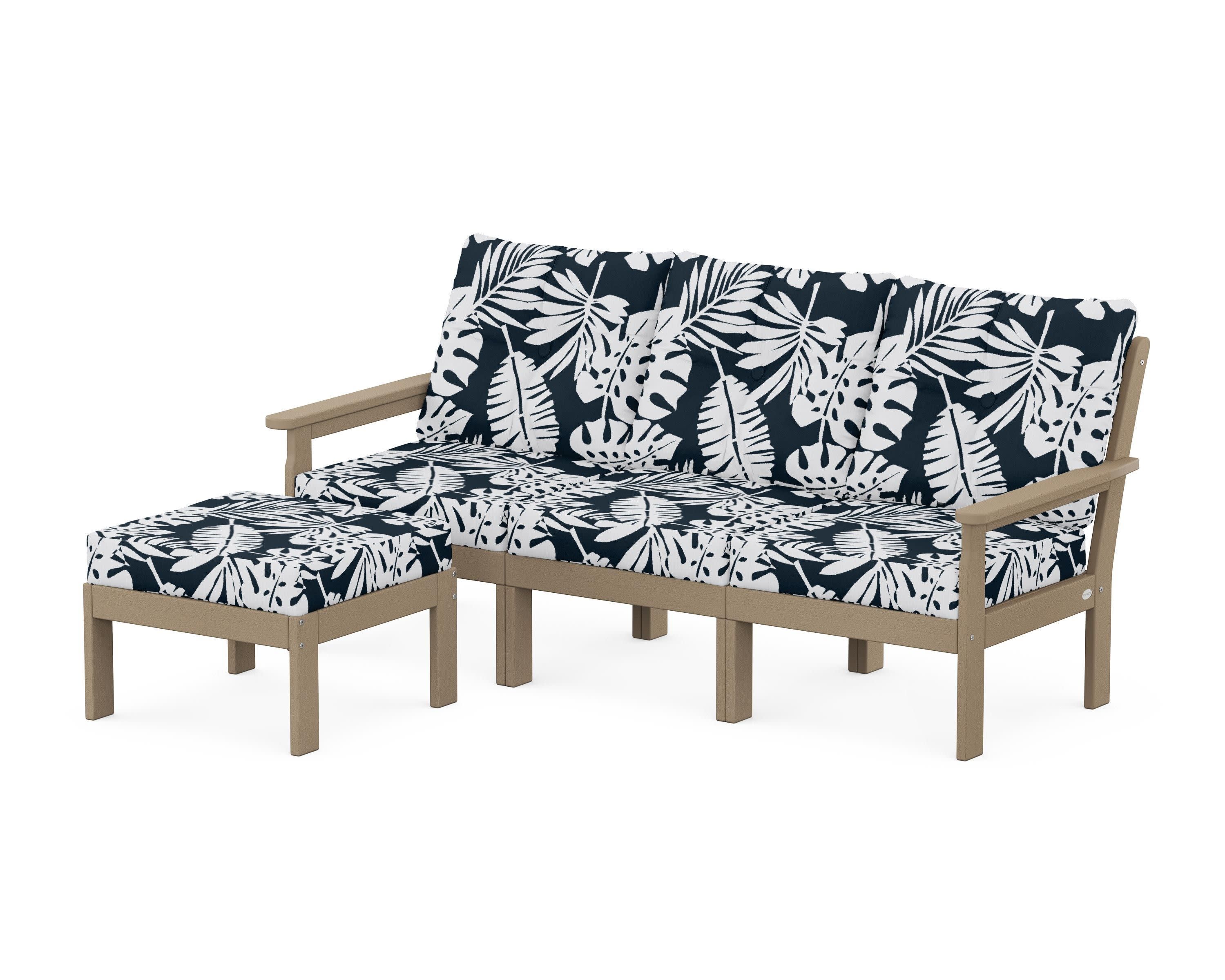 Vineyard 4-Piece Sectional with Ottoman in Vintage Sahara / Leaf Marine Indigo