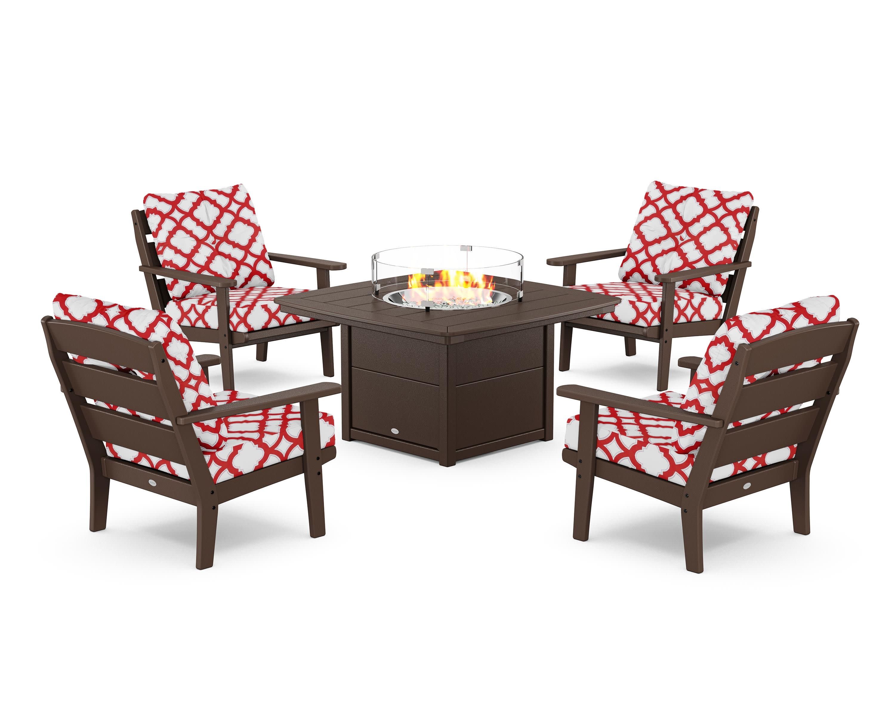 Lakeside 5-Piece Deep Seating Set with Nautical Fire Pit Table in Mahogany / Trellis Crimson