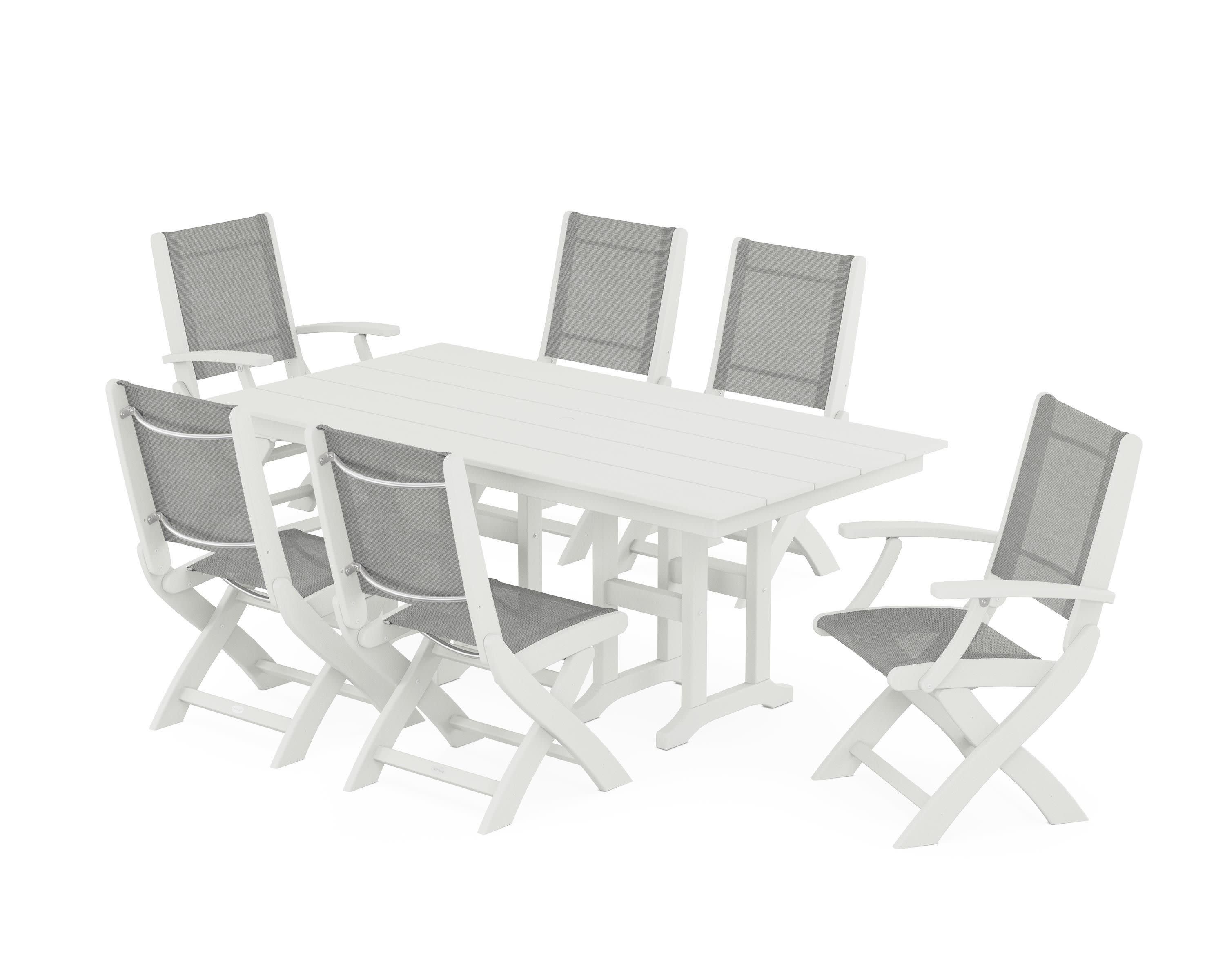 Coastal Folding Chair 7-Piece Farmhouse Dining Set in Vintage White / Metallic Sling