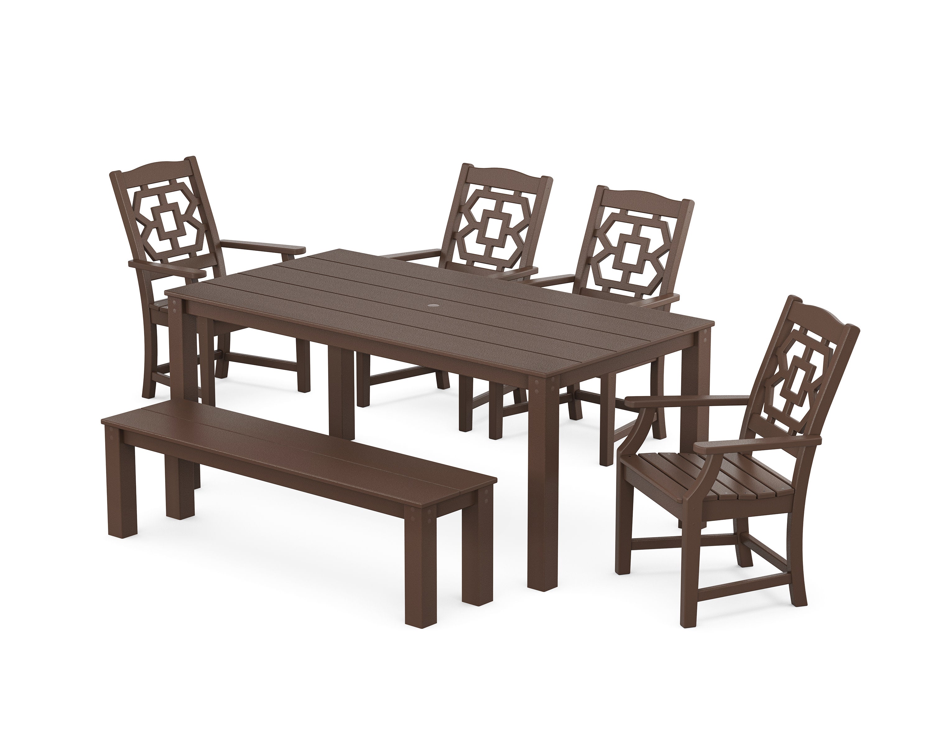 Chinoiserie 6-Piece Parsons Dining Set with Bench in Mahogany