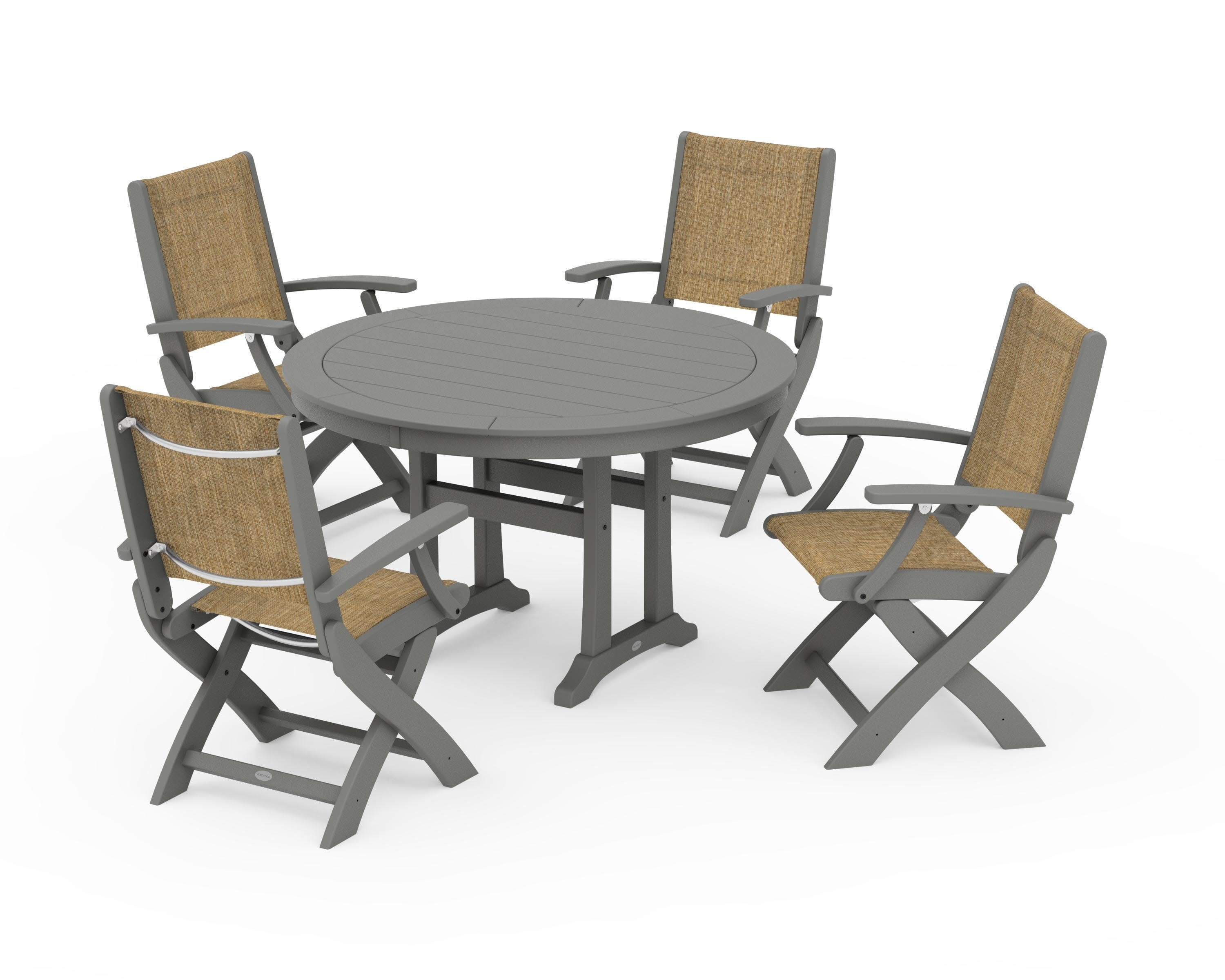 Coastal Folding Chair 5-Piece Round Dining Set with Trestle Legs in Slate Grey / Burlap Sling