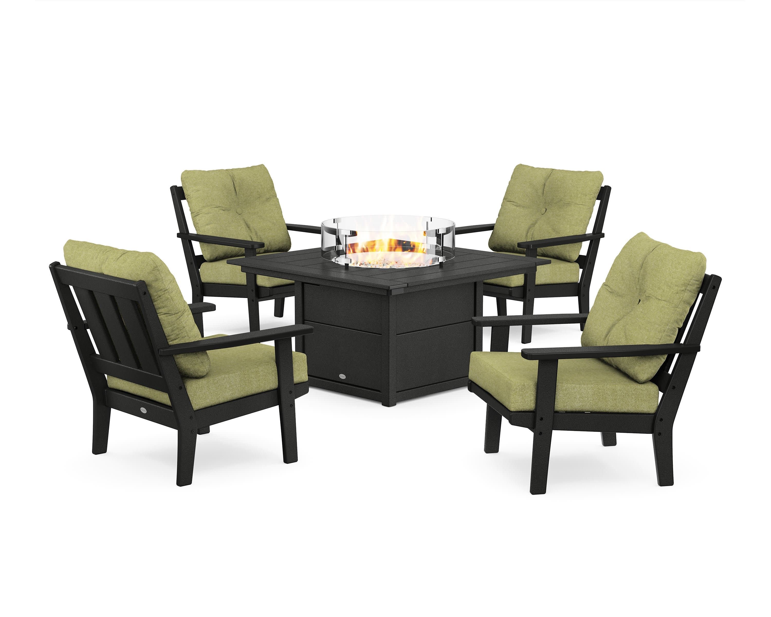 Oxford 5-Piece Deep Seating Set with Fire Pit Table in Black / Chartreuse Boucle