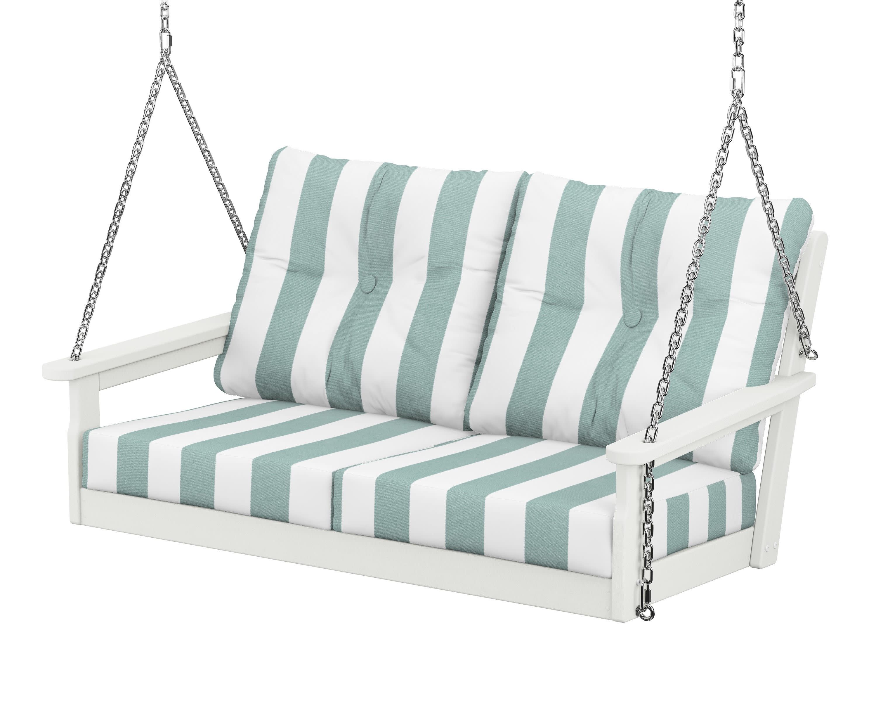 Vineyard Deep Seating Swing in Vintage White / Cabana Stripe Glacier Spa