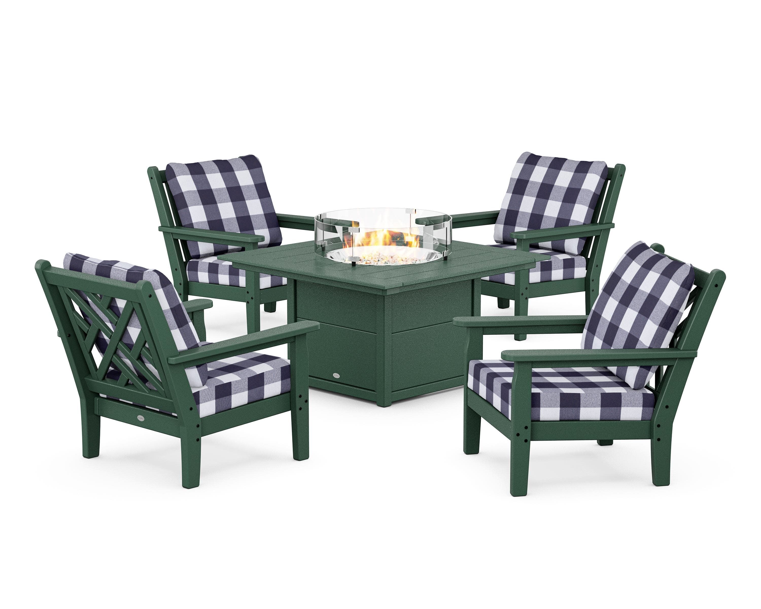 Chippendale 5-Piece Deep Seating Set with Fire Pit Table in Green / Buffalo Plaid Navy