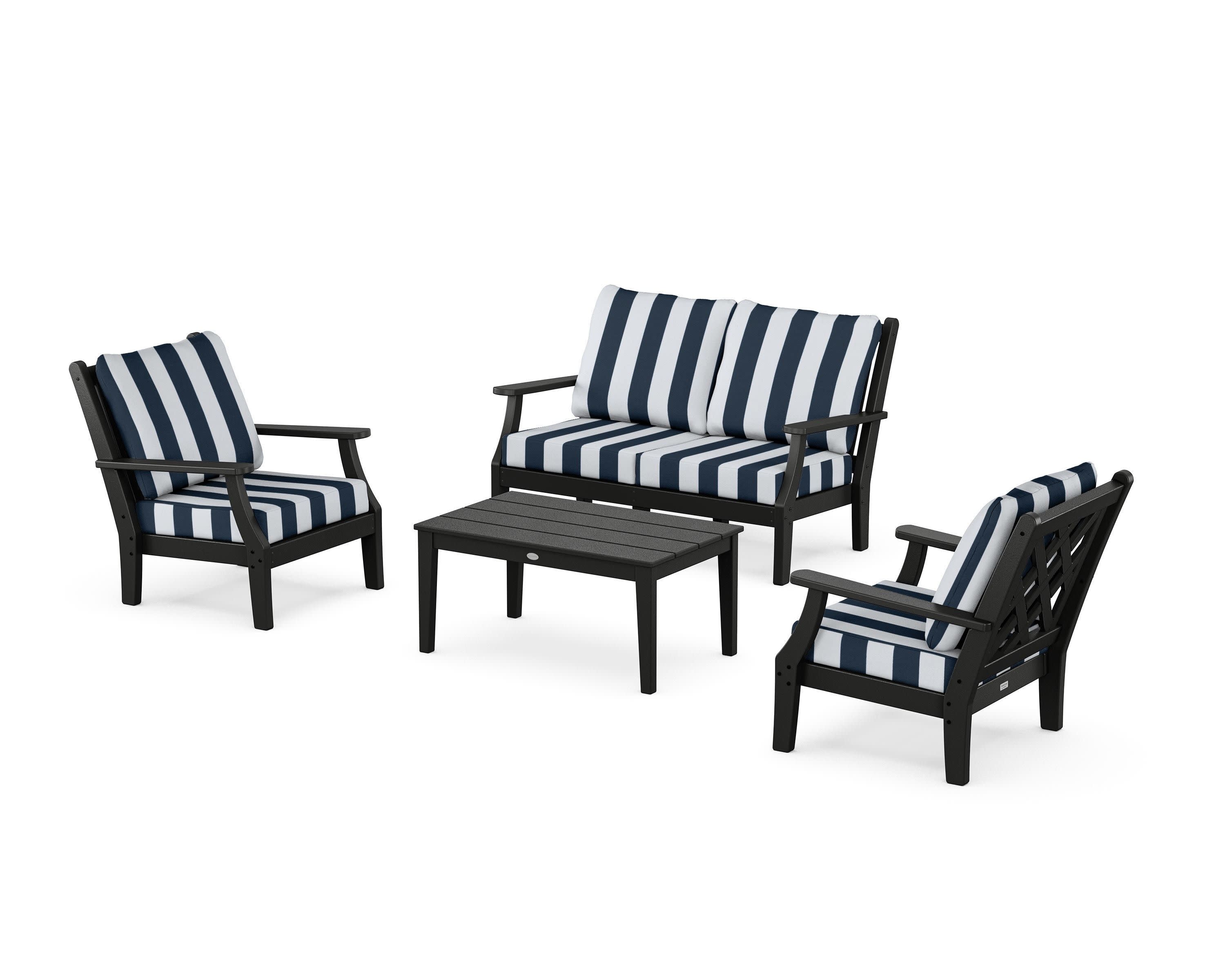 Wovendale 4-Piece Deep Seating Set with Loveseat in Black / Cabana Stripe Marine Indigo