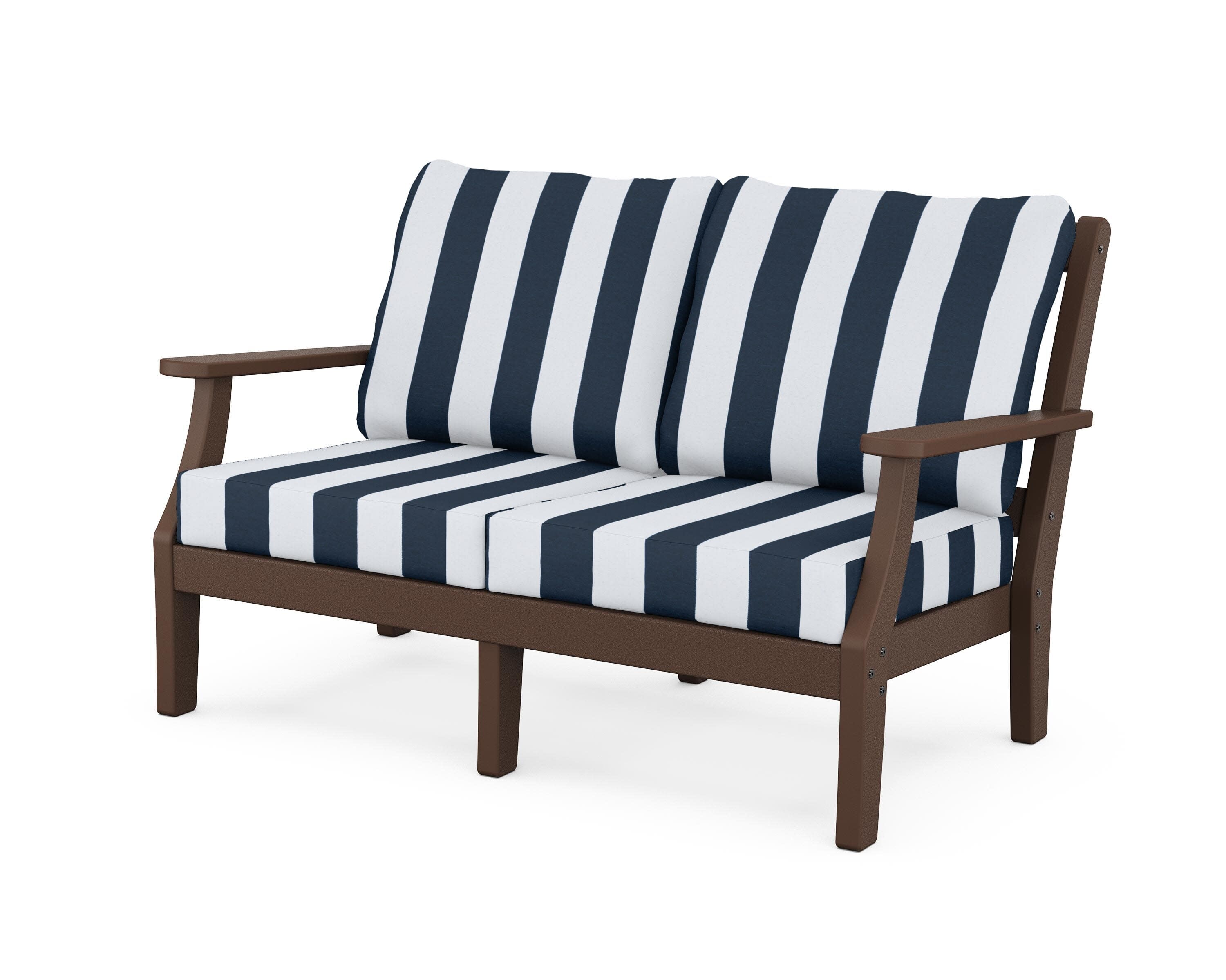 Chinoiserie Deep Seating Loveseat in Mahogany / Cabana Stripe Marine Indigo