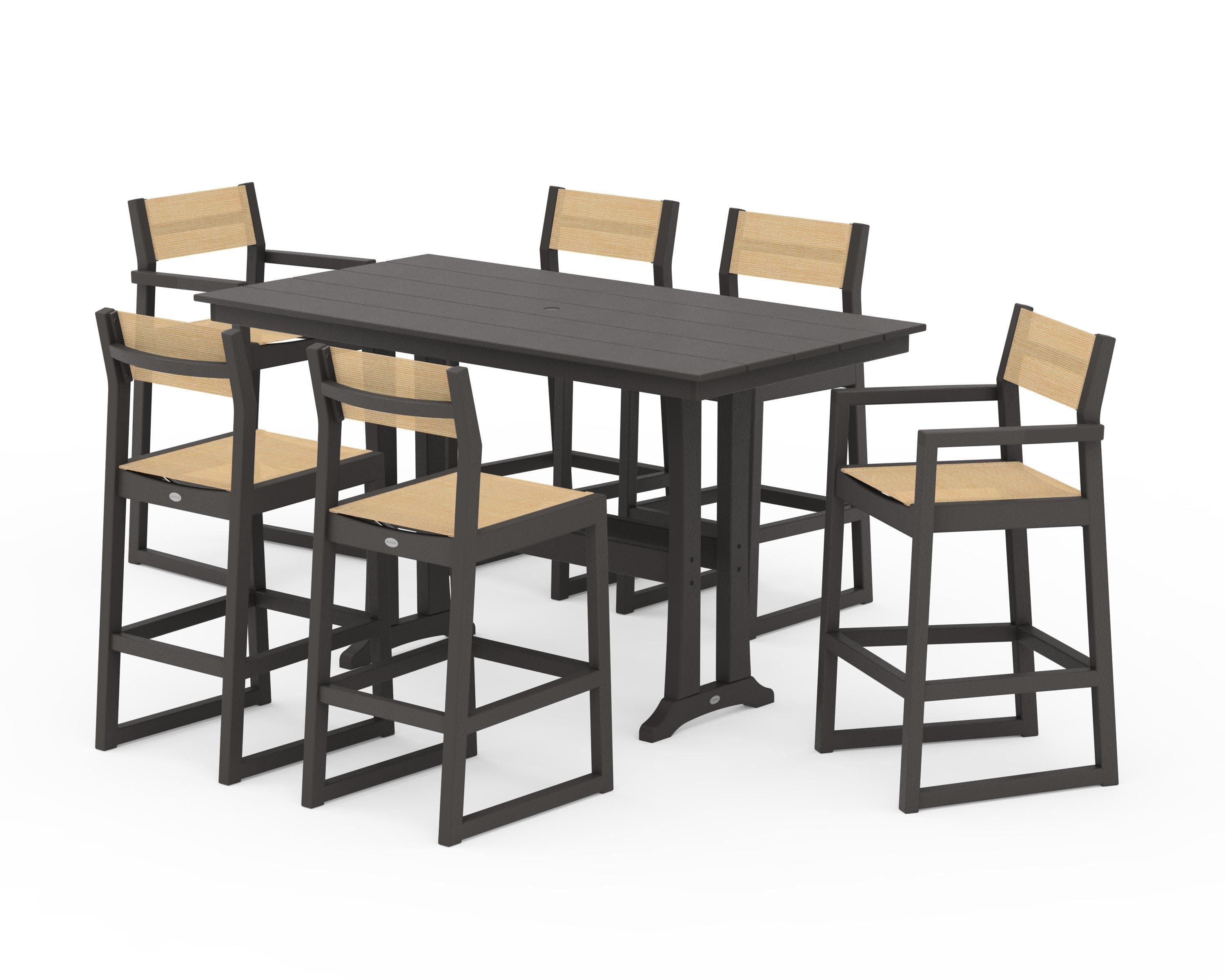 EDGE Sling 7-Piece Farmhouse Bar Set with Trestle Legs in Vintage Coffee / Dupioni Apricot Sling
