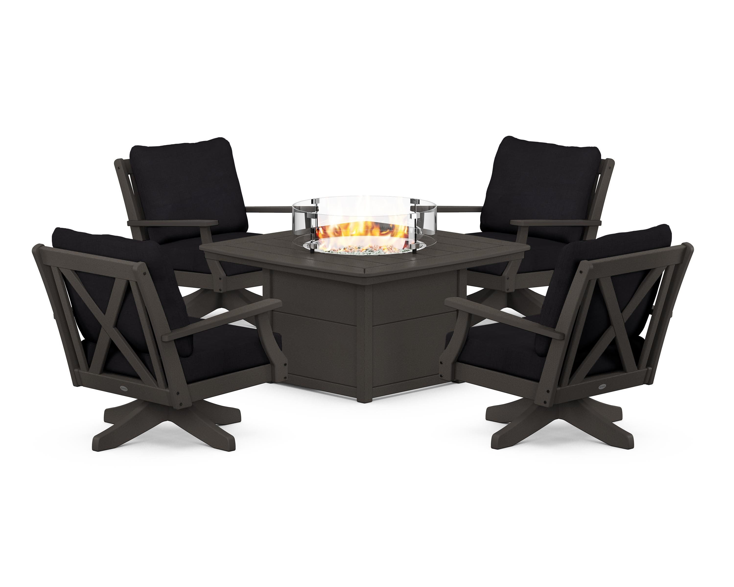 Braxton 5-Piece Deep Seating Swivel Conversation Set with Fire Pit Table in Vintage Coffee / Midnight Linen