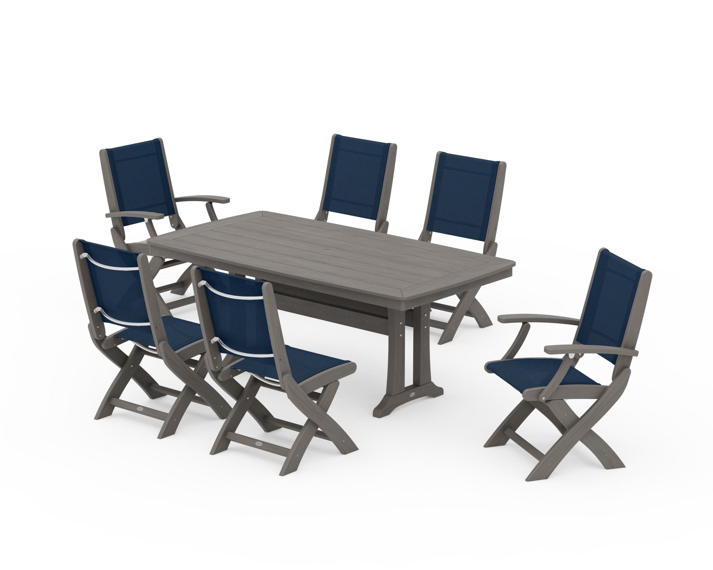 Coastal Folding Chair 7-Piece Dining Set with Trestle Legs in Driftwood / Navy Blue Sling