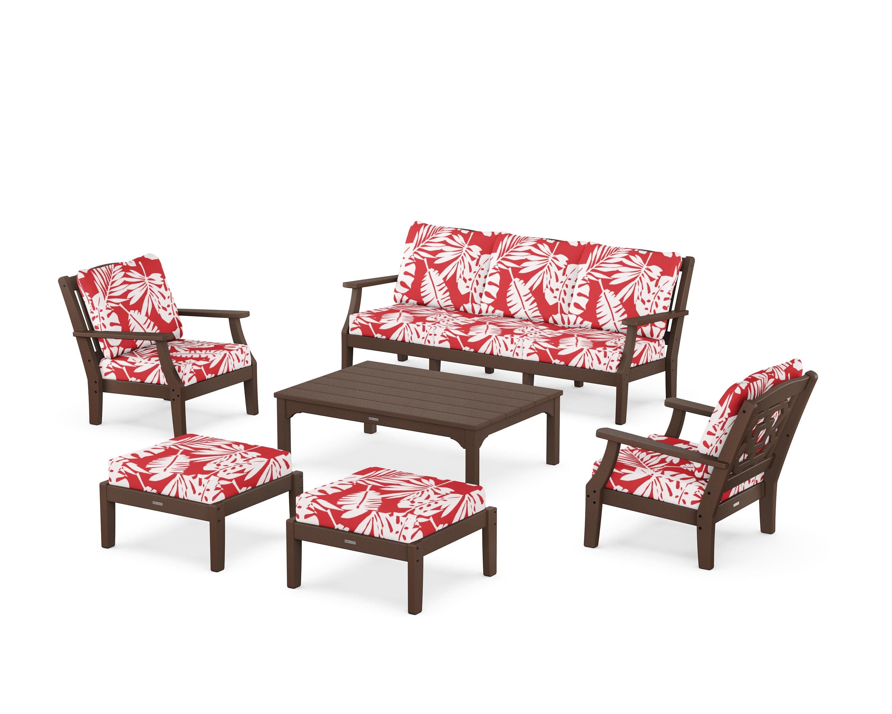 Chinoiserie 6-Piece Lounge Sofa Set in Mahogany / Leaf Crimson