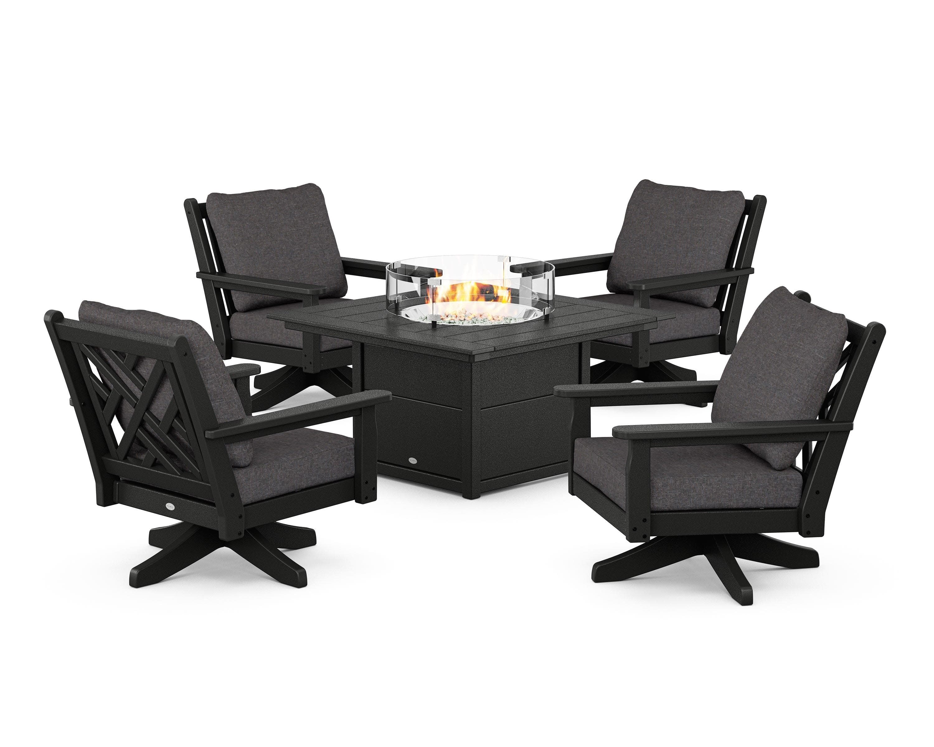 Chippendale 5-Piece Deep Seating Swivel Conversation Set with Fire Pit Table in Black / Ash Charcoal
