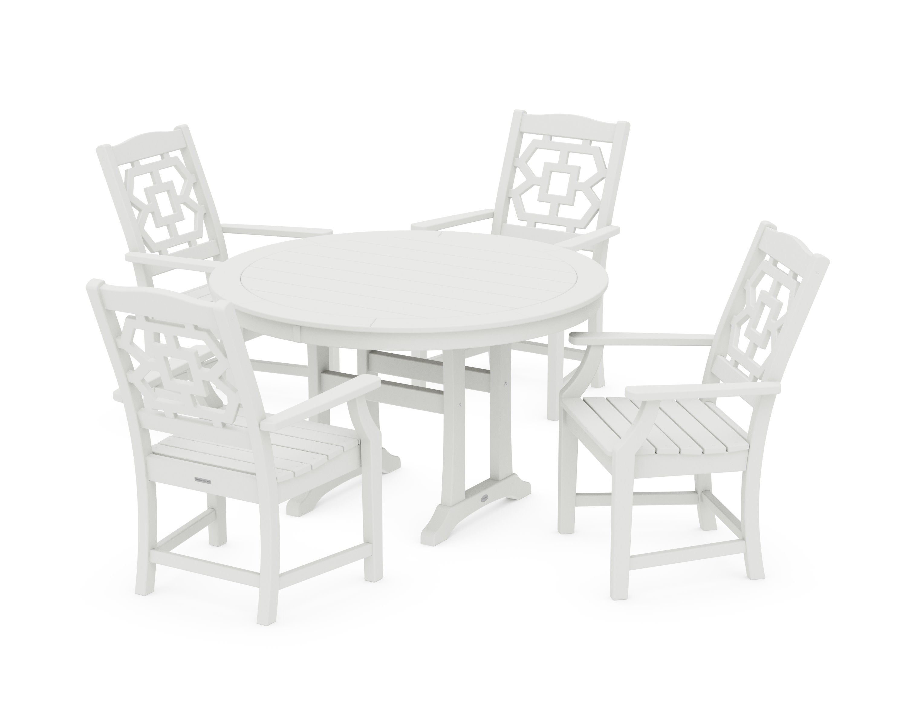 Chinoiserie 5-Piece Round Dining Set with Trestle Legs in Vintage White