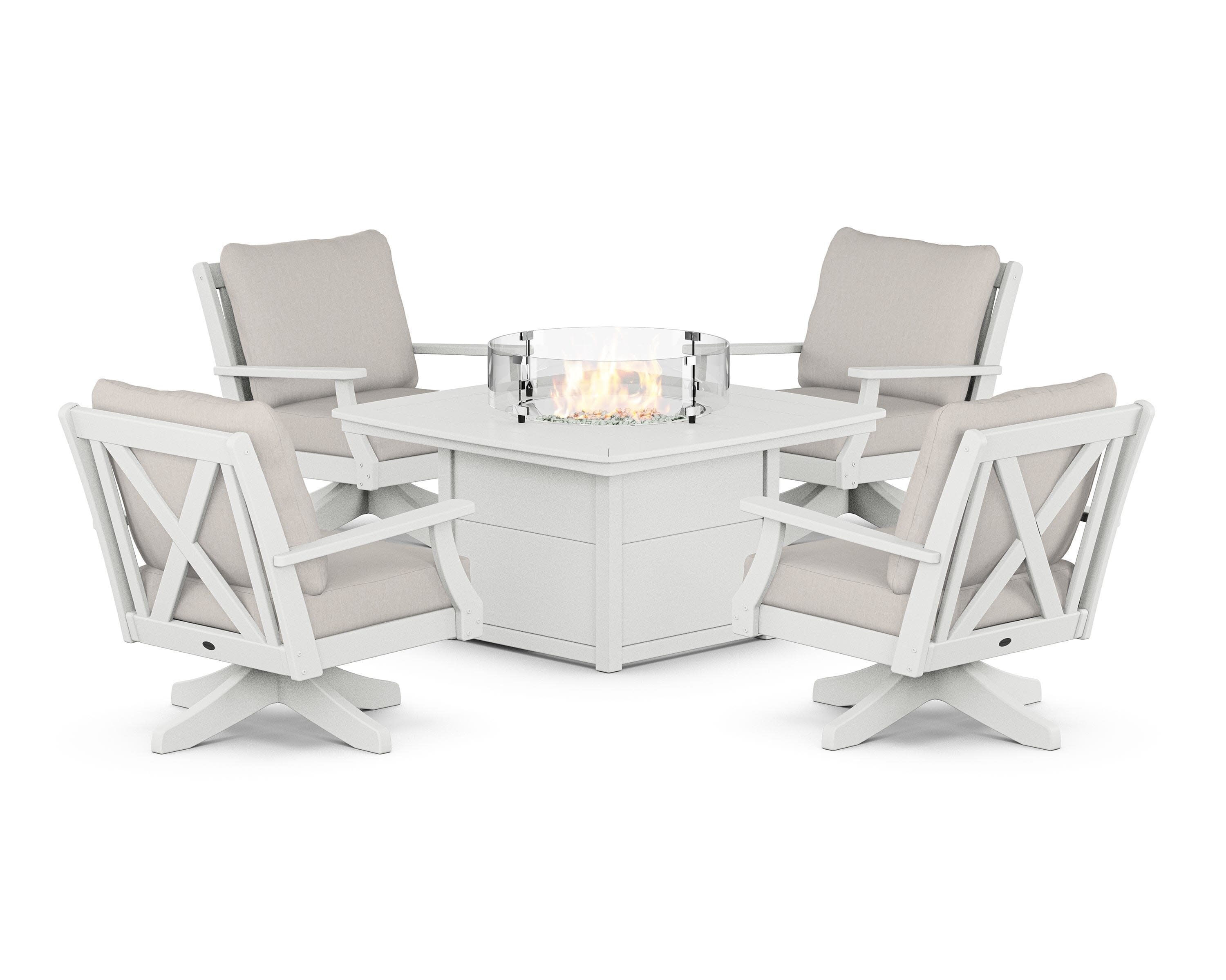 Braxton 5-Piece Deep Seating Swivel Conversation Set with Fire Pit Table in White / Cast Ash