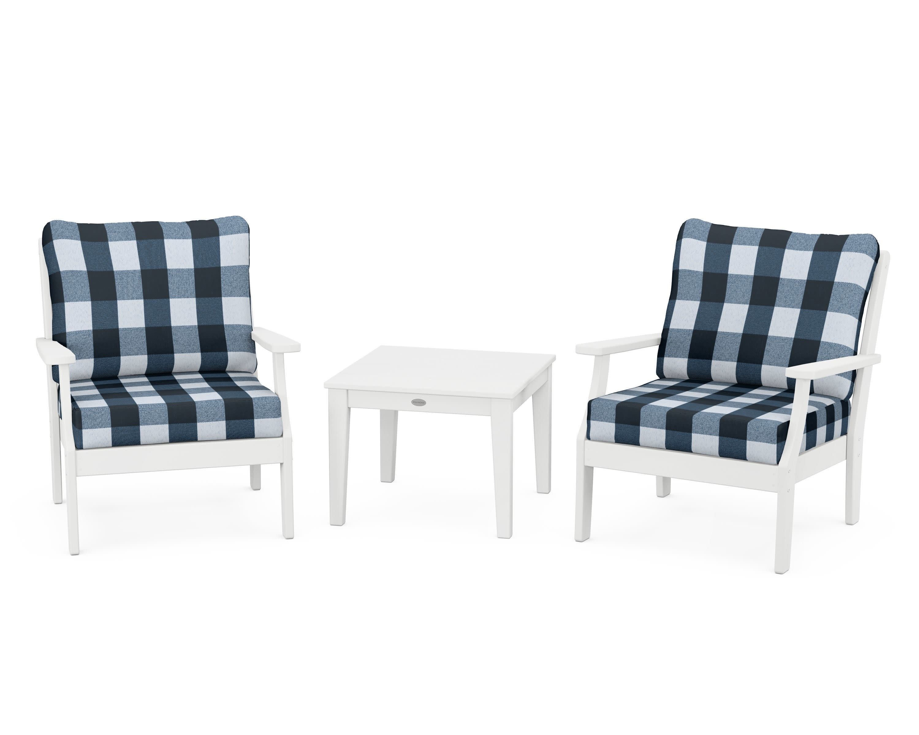 Braxton 3-Piece Deep Seating Set in White / Buffalo Plaid Marine Indigo
