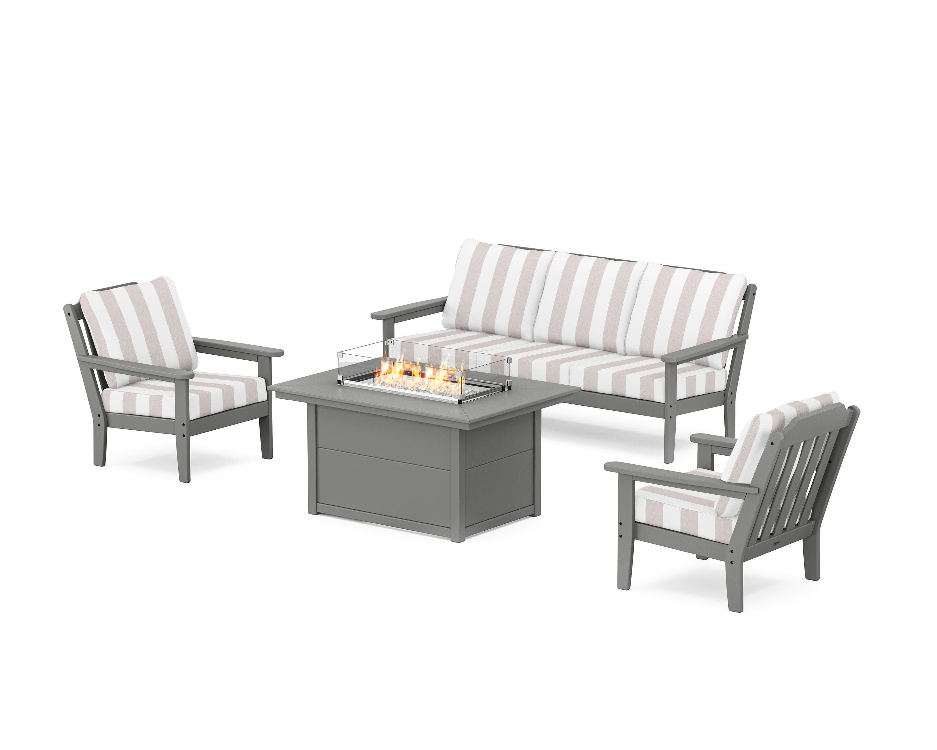 Cottage Deep Seating Fire Pit Table Set in Slate Grey / Cabana Stripe Dune Burlap