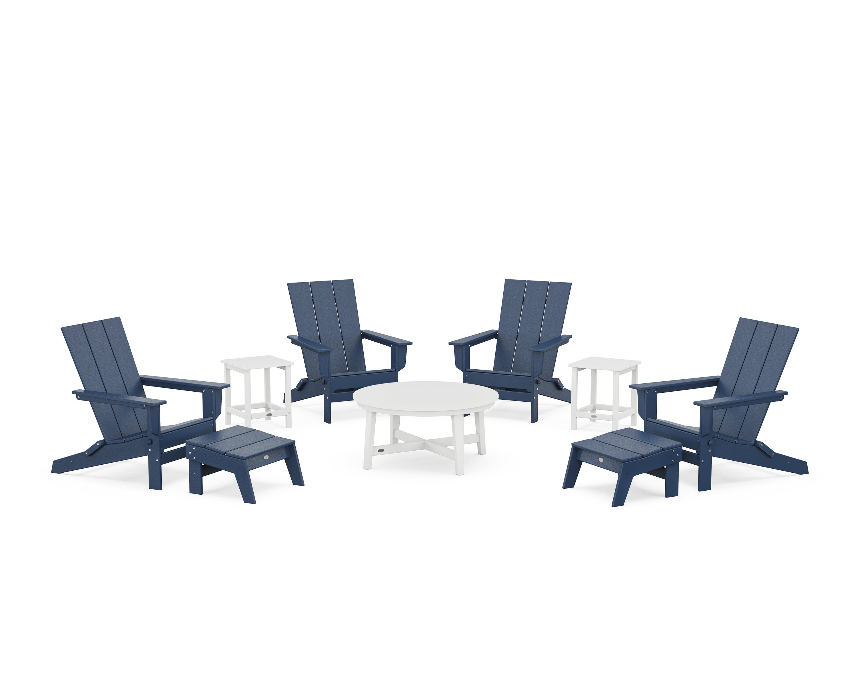 Modern Studio Folding Adirondack 9-Piece Conversation Set in Navy / White