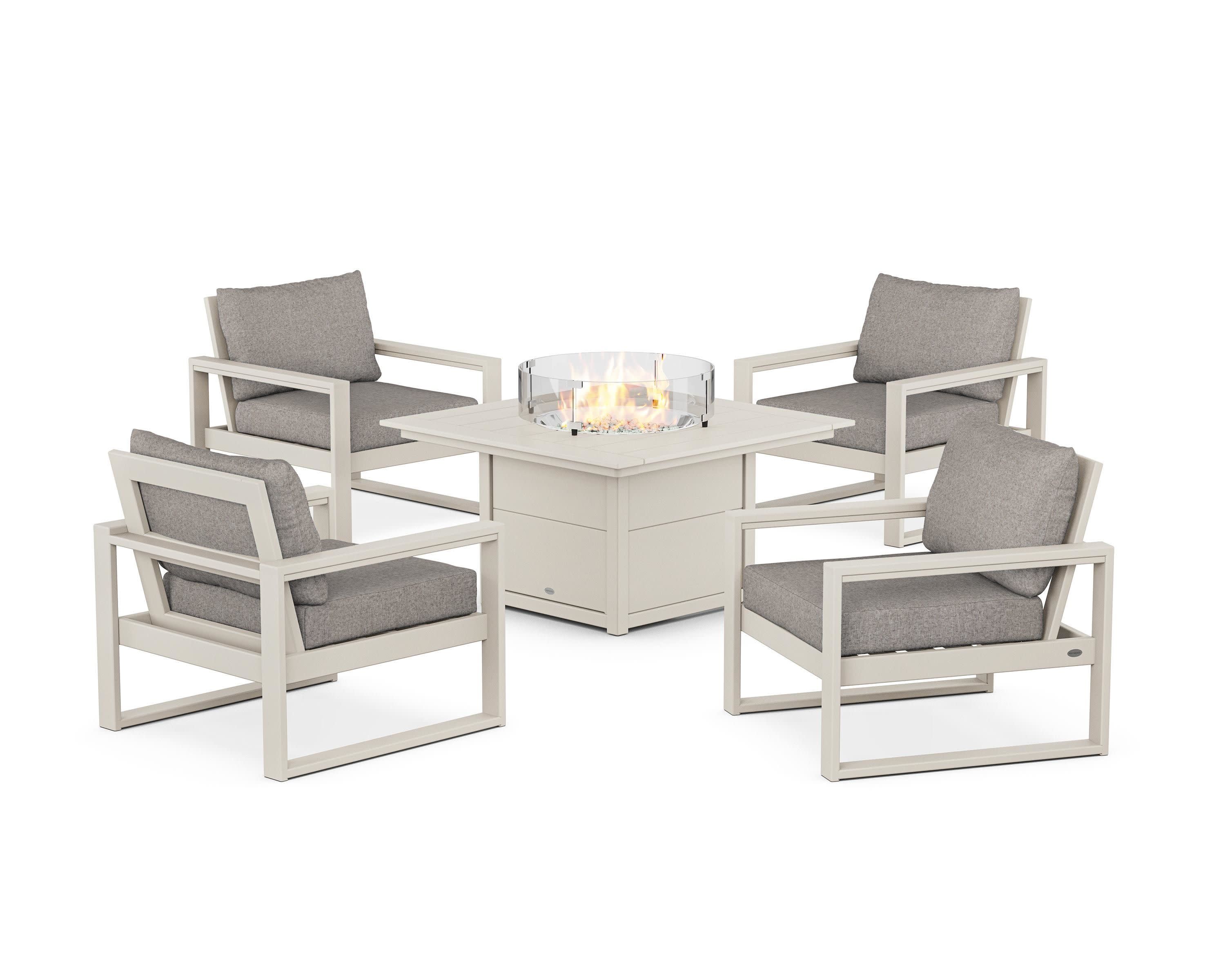 EDGE Sectional 5-Piece Deep Seating Set with Fire Pit Table in Sand / Weathered Tweed