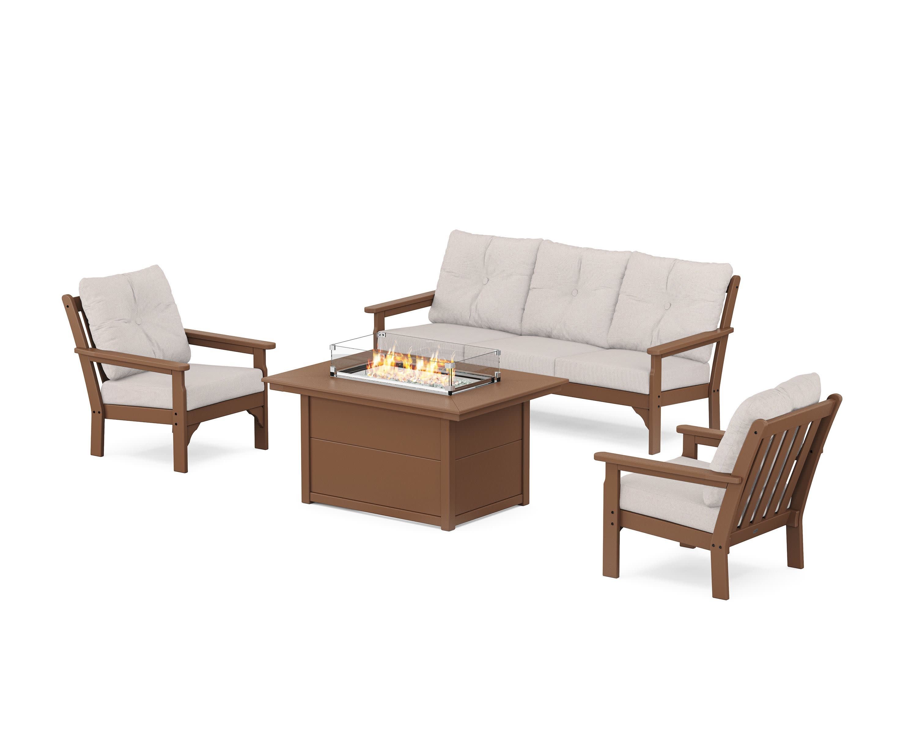 Vineyard Deep Seating Fire Pit Table Set in Teak / Dune Burlap