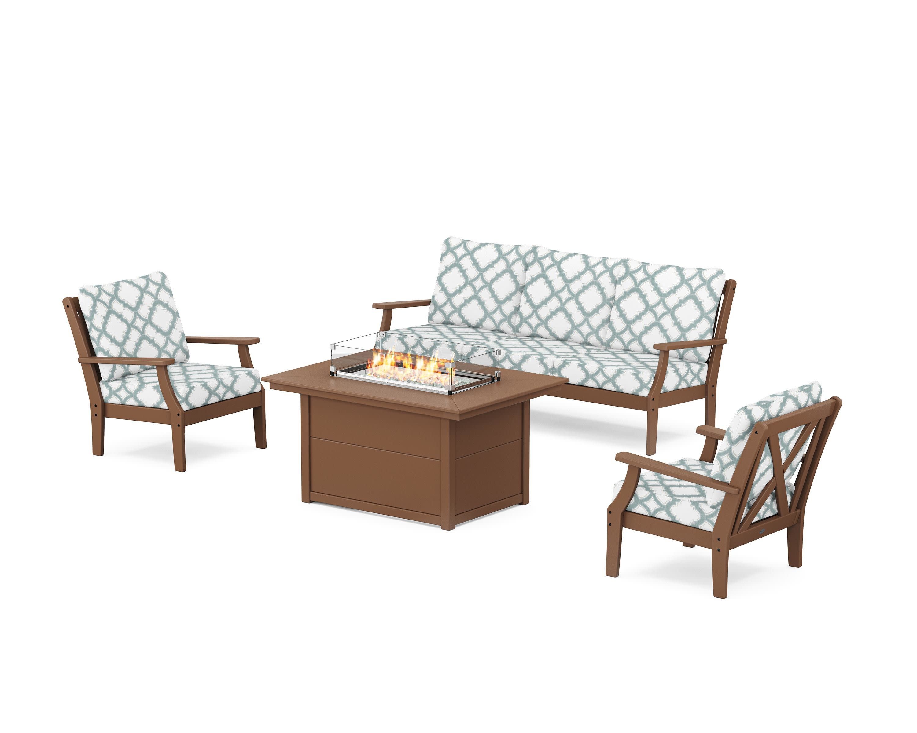 Braxton Deep Seating Fire Pit Table Set in Teak / Trellis Glacier Spa