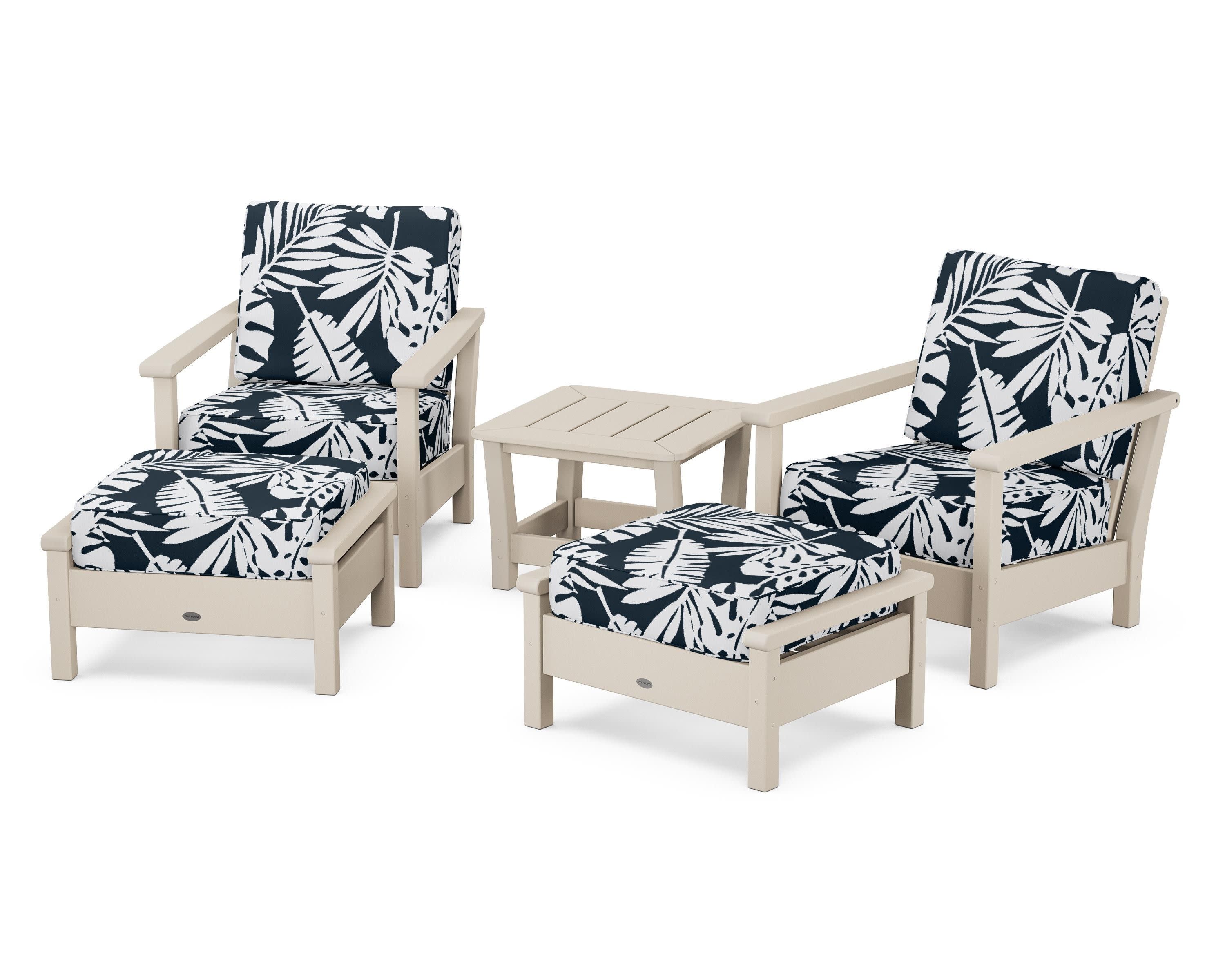 Harbour 5-Piece Deep Seating Chair Set in Sand / Leaf Marine Indigo