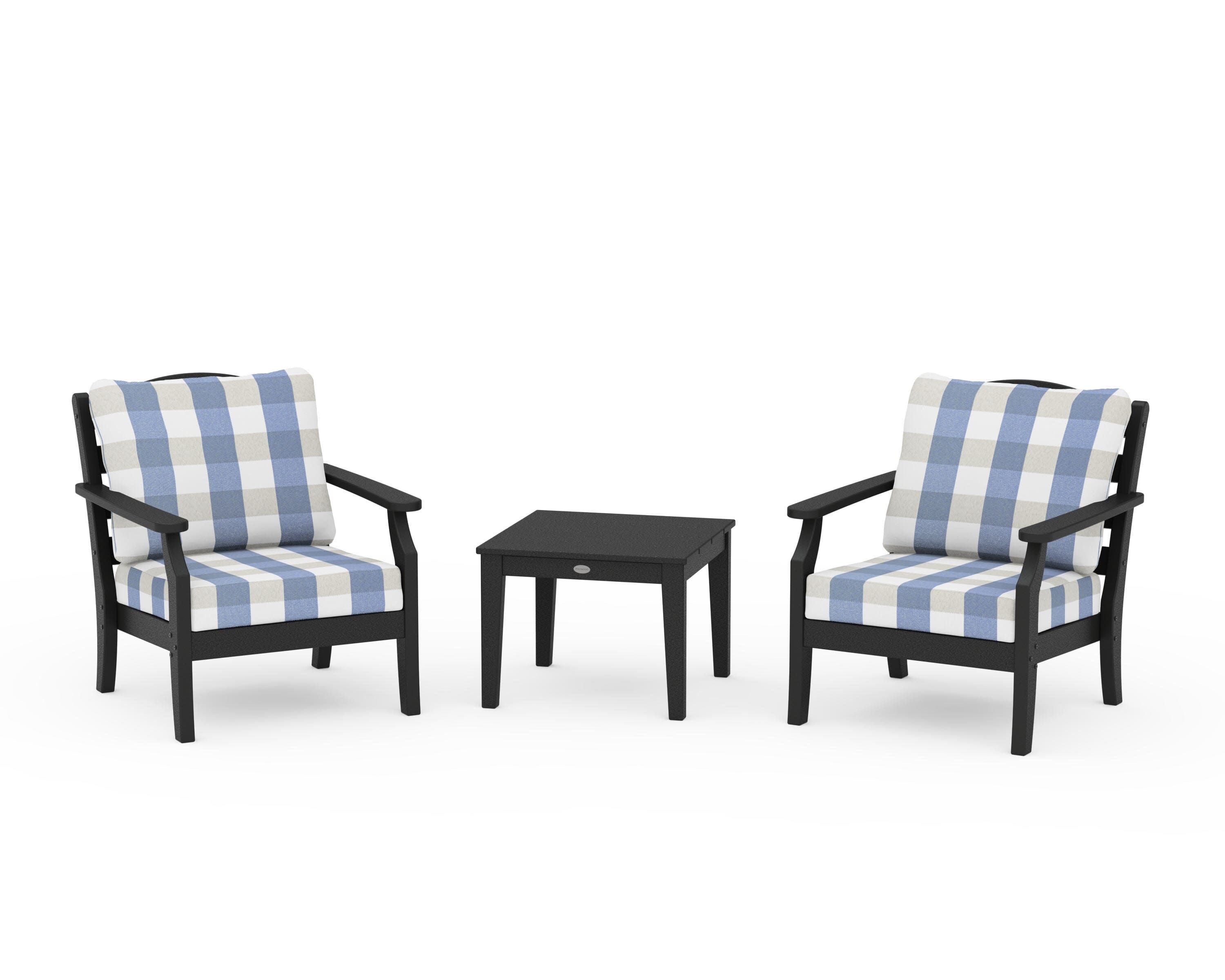 Savannah 3-Piece Deep Seating Set in Black / Buffalo Plaid Sky Blue