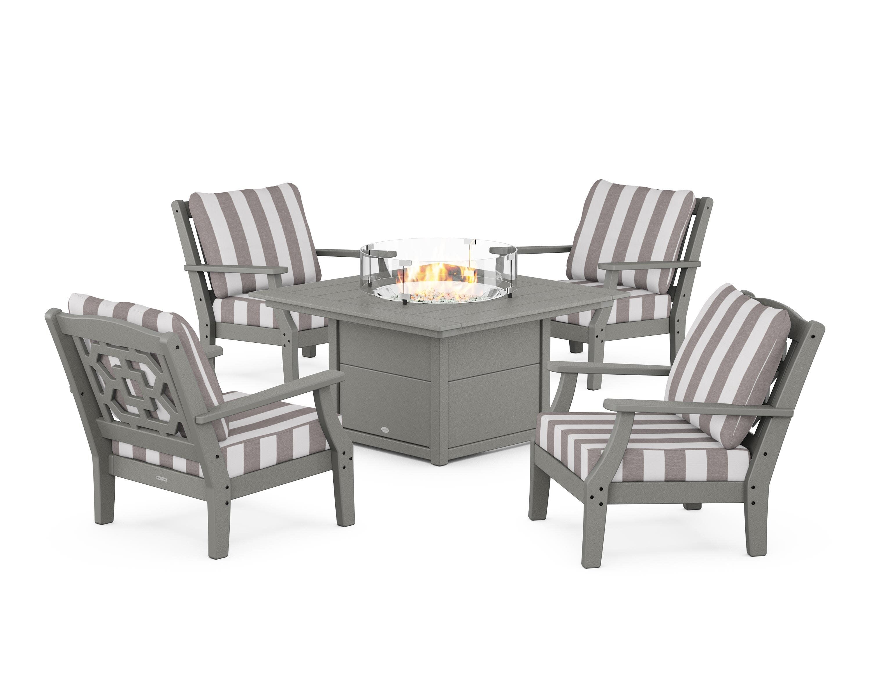 Chinoiserie 5-Piece Deep Seating Set with Fire Pit Table in Slate Grey / Cabana Stripe Grey Mist
