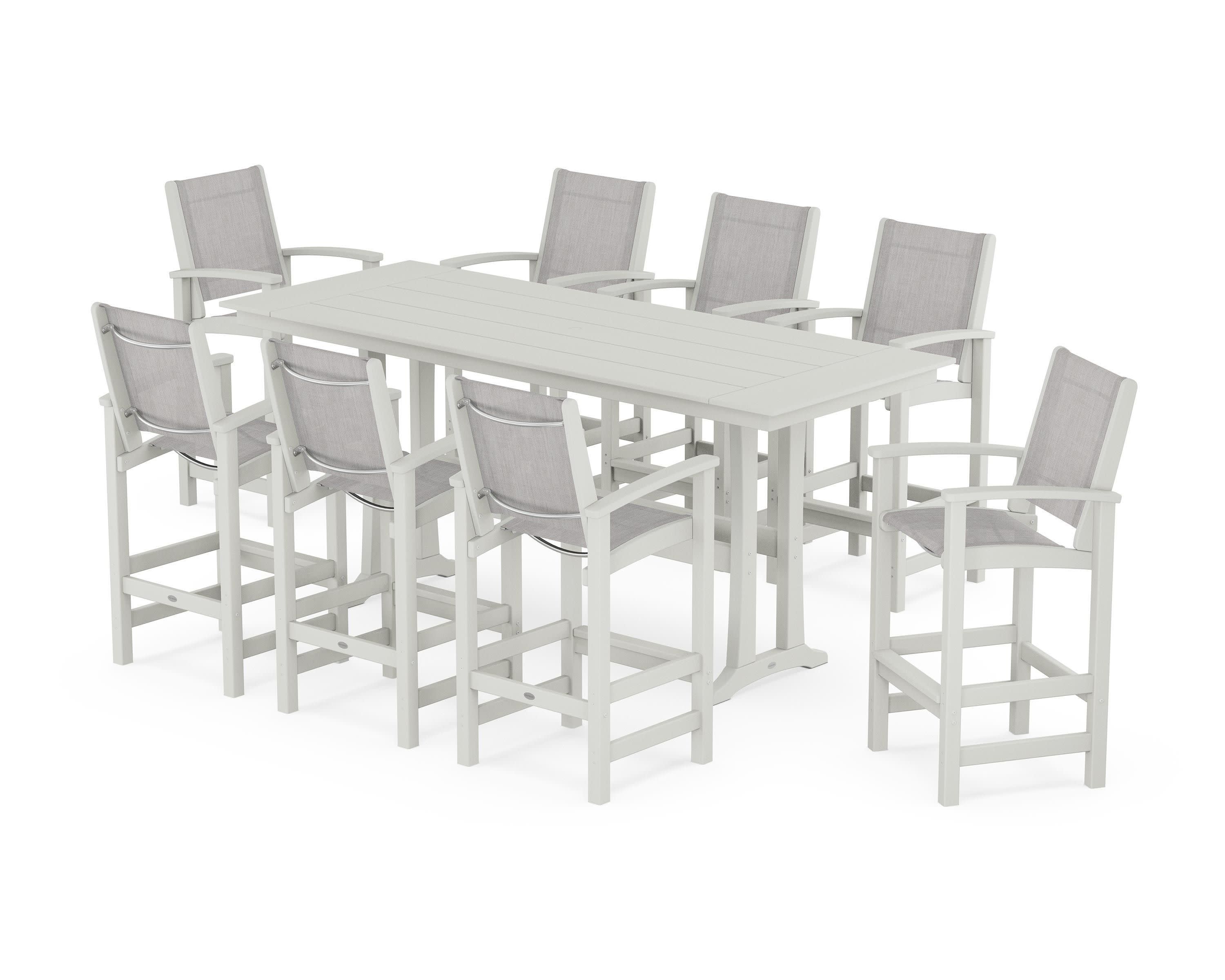 Coastal 9-Piece Farmhouse Bar Set with Trestle Legs in Vintage White / Parchment Sling
