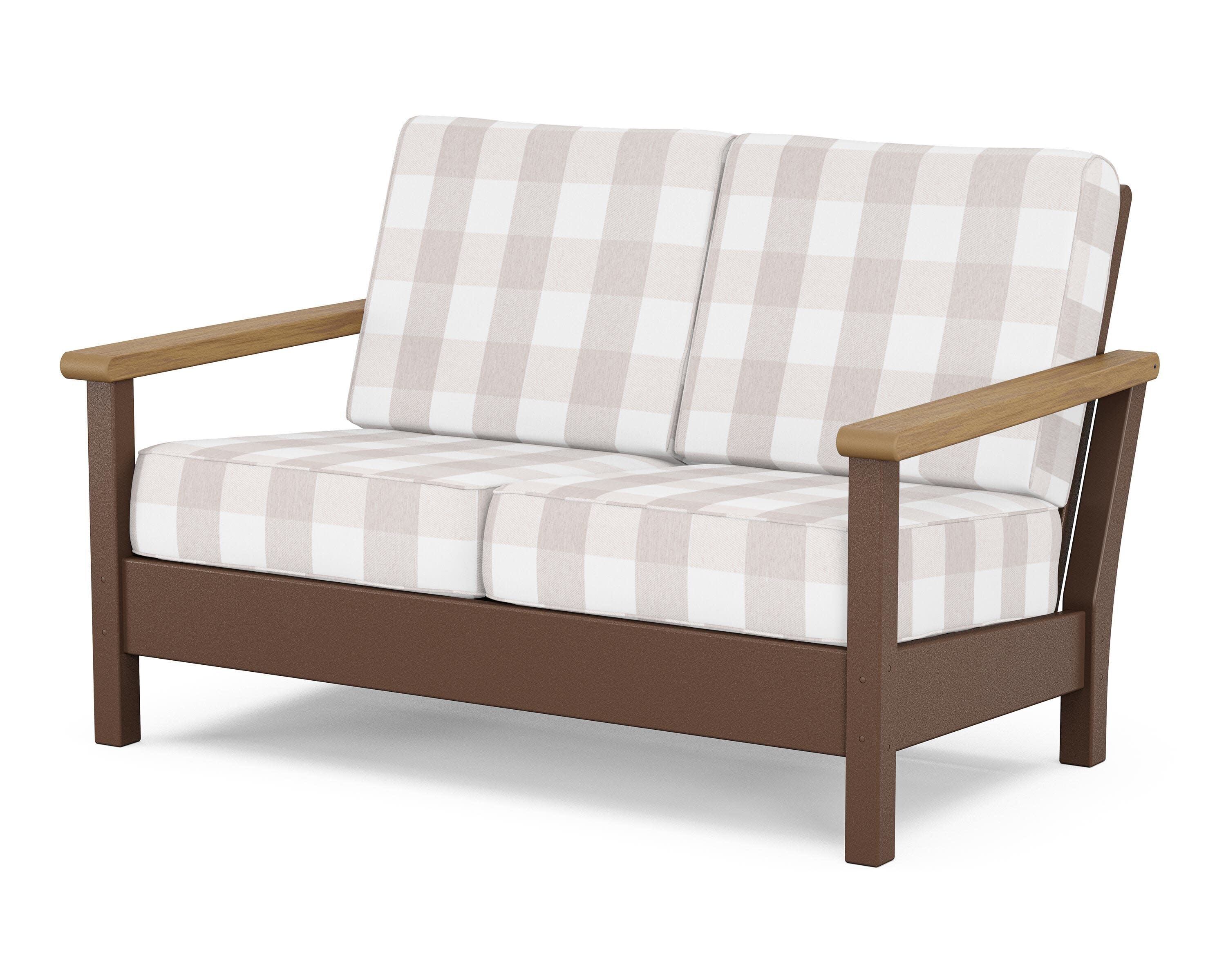 Harbour Deep Seating Loveseat in Mahogany / Natural / Buffalo Plaid Dune Burlap