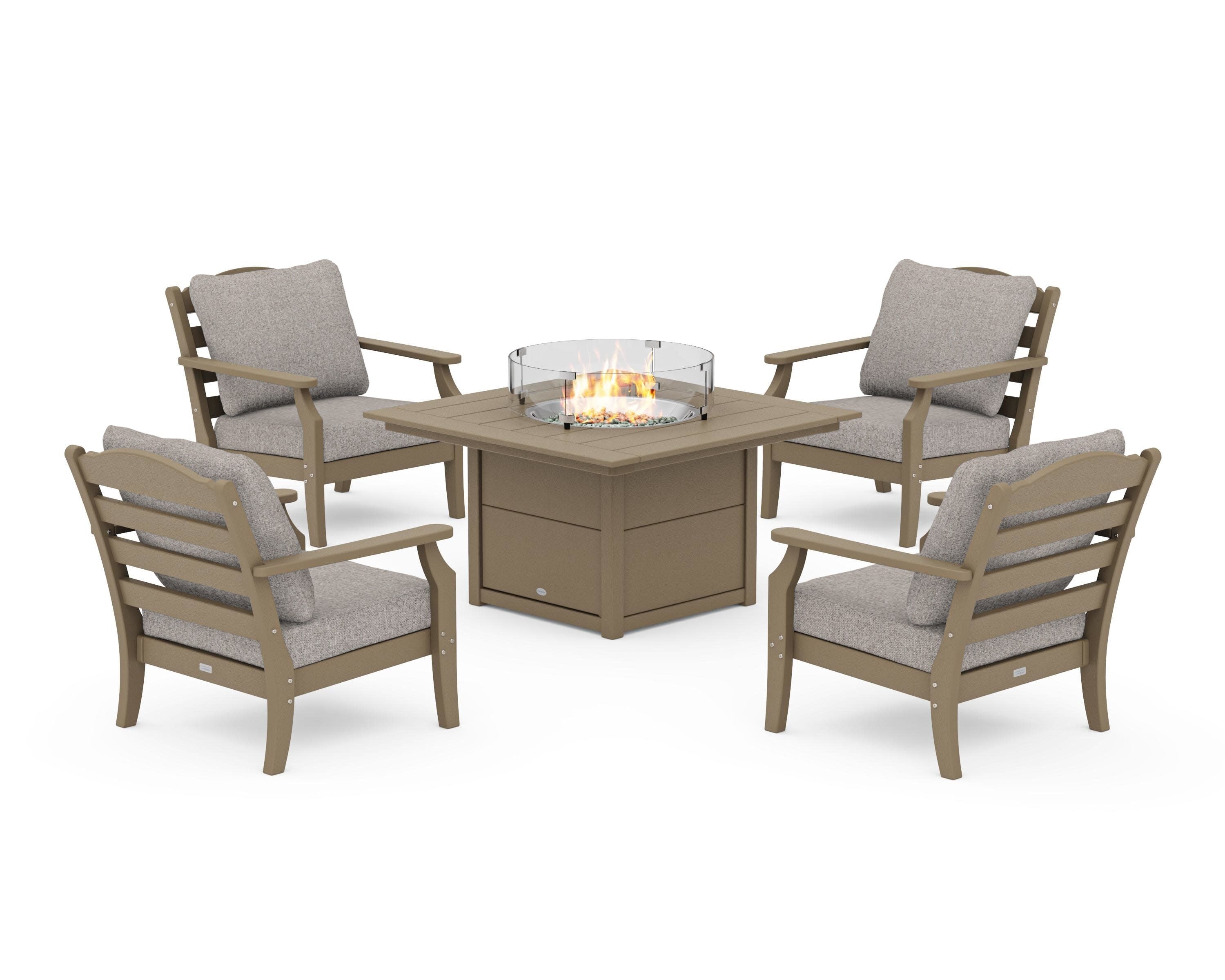 Savannah 5-Piece Deep Seating Set with Fire Pit Table in Vintage Sahara / Weathered Tweed
