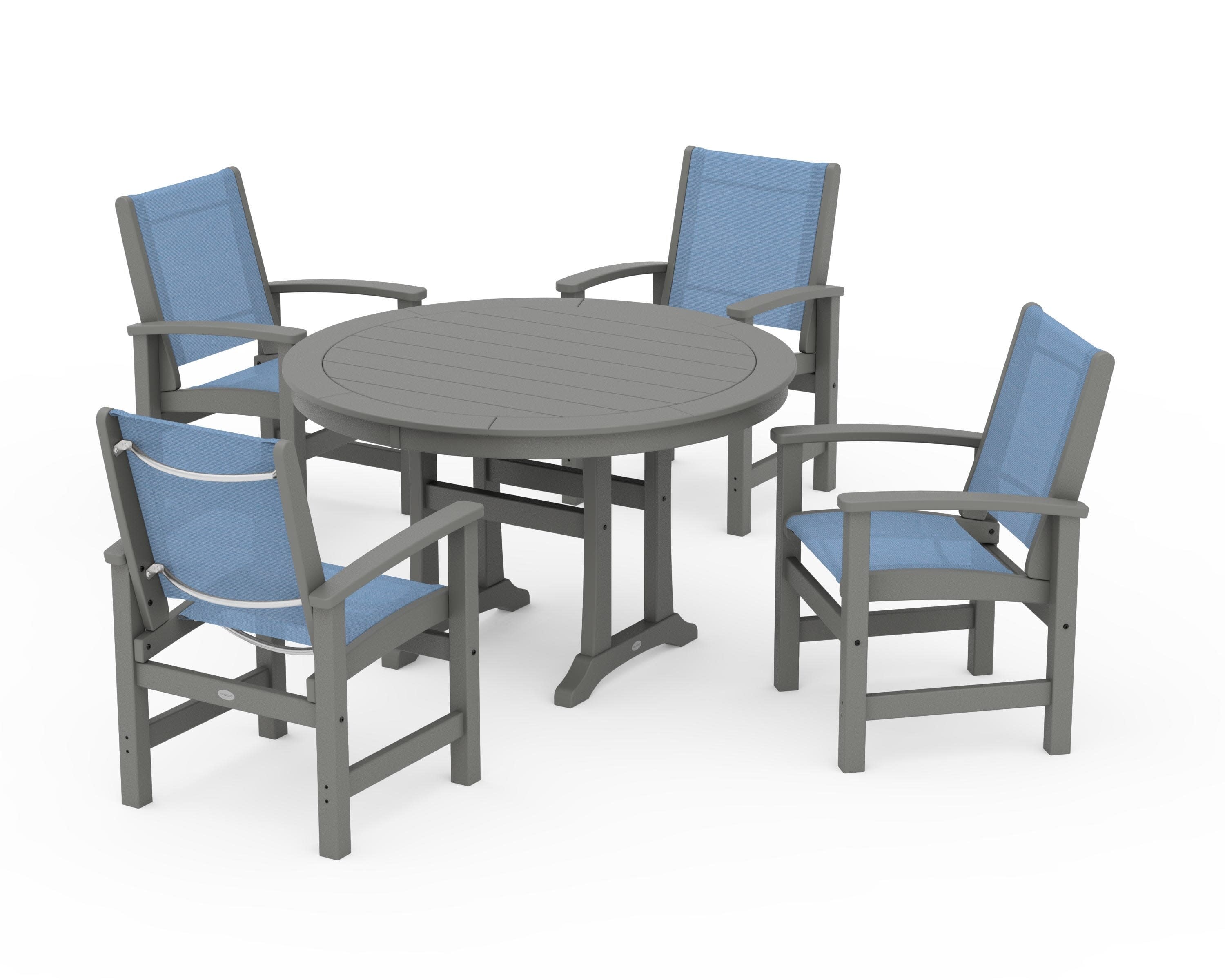Coastal 5-Piece Round Dining Set with Trestle Legs in Slate Grey / Poolside Sling