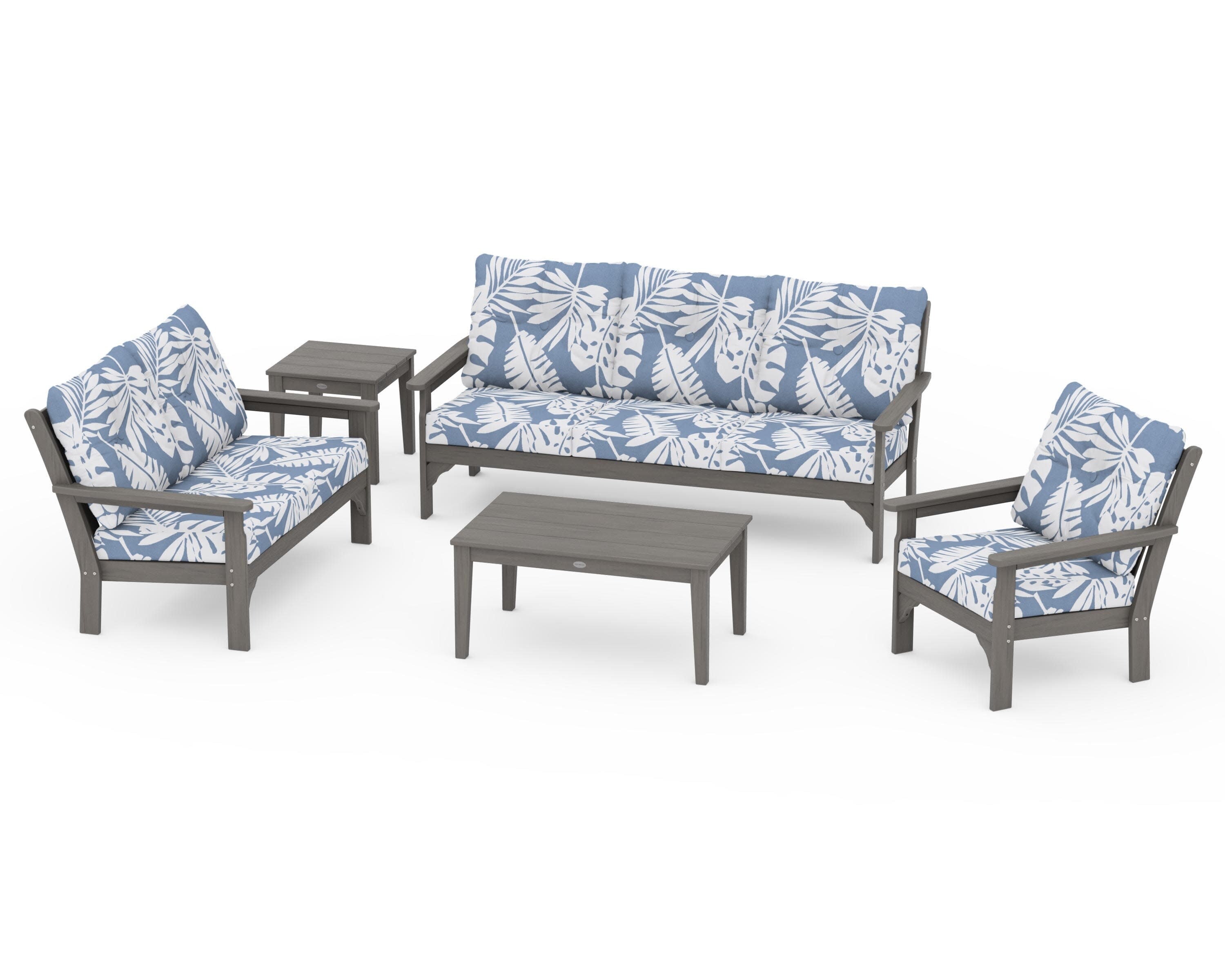 Vineyard 5 Piece Deep Seating Set in Driftwood / Leaf Sky Blue