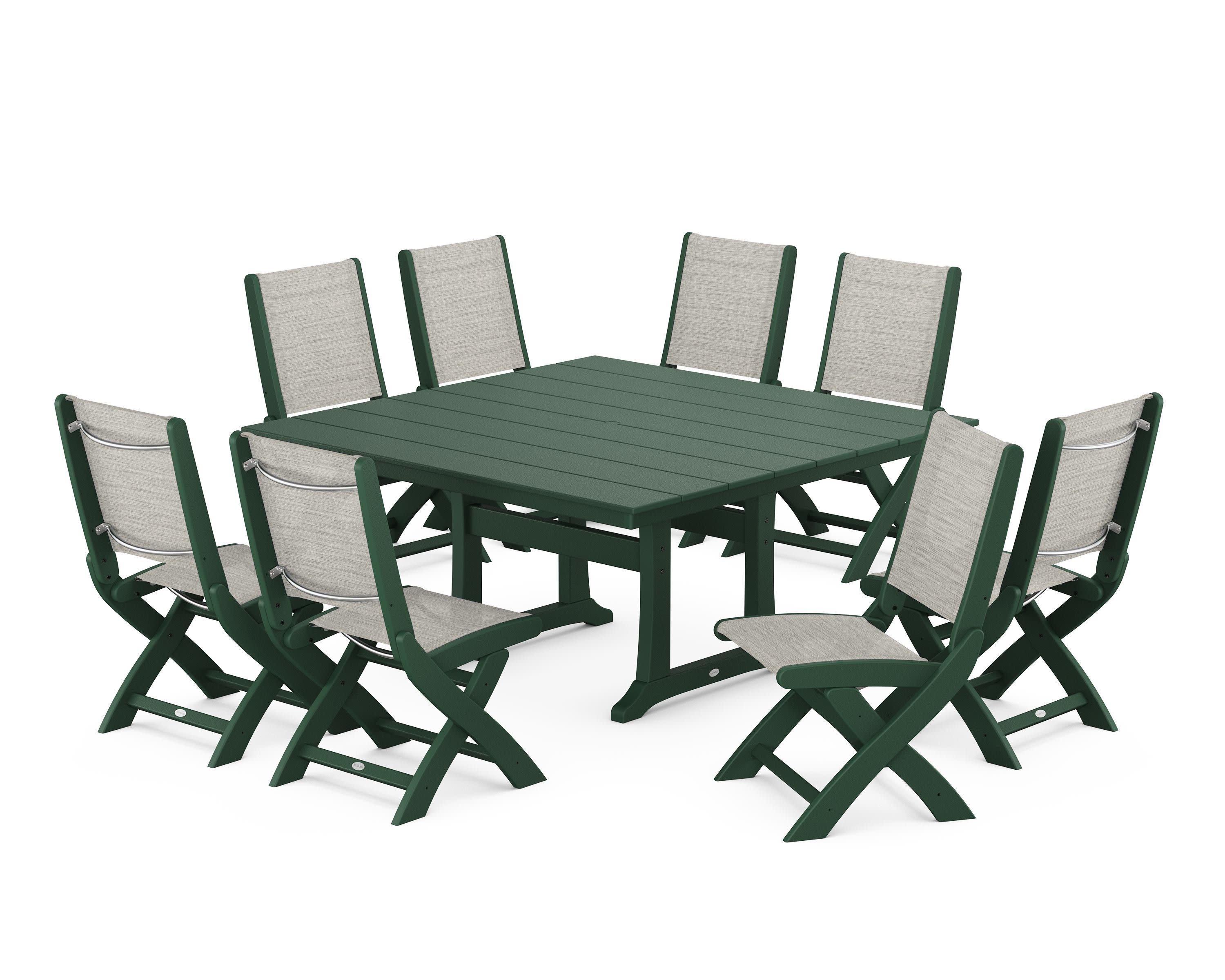Coastal Folding Side Chair 9-Piece Farmhouse Dining Set in Green / Birch Sling