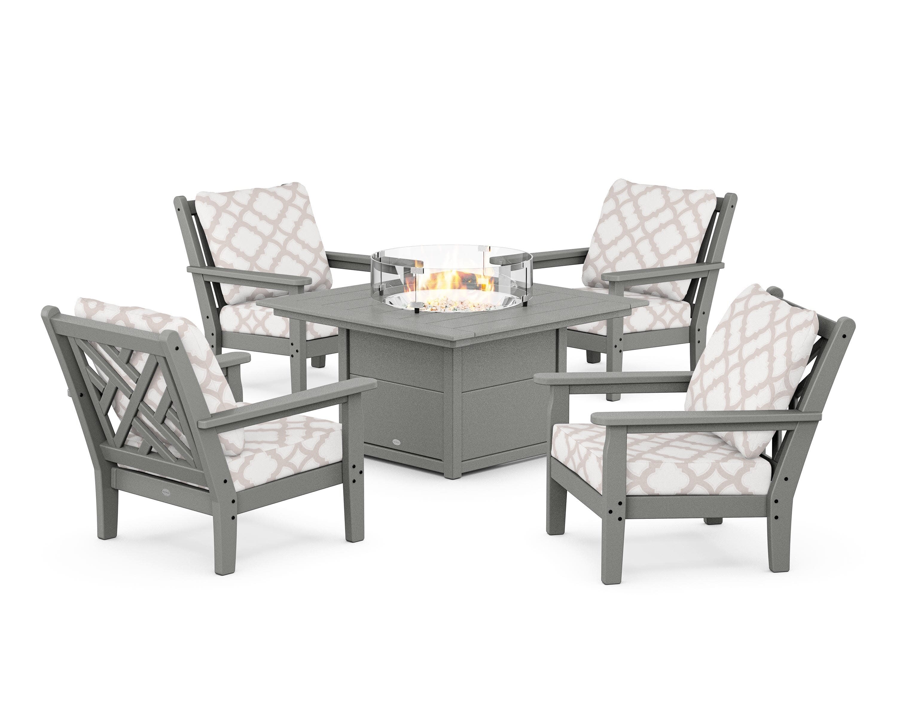 Chippendale 5-Piece Deep Seating Set with Fire Pit Table in Slate Grey / Trellis Dune Burlap