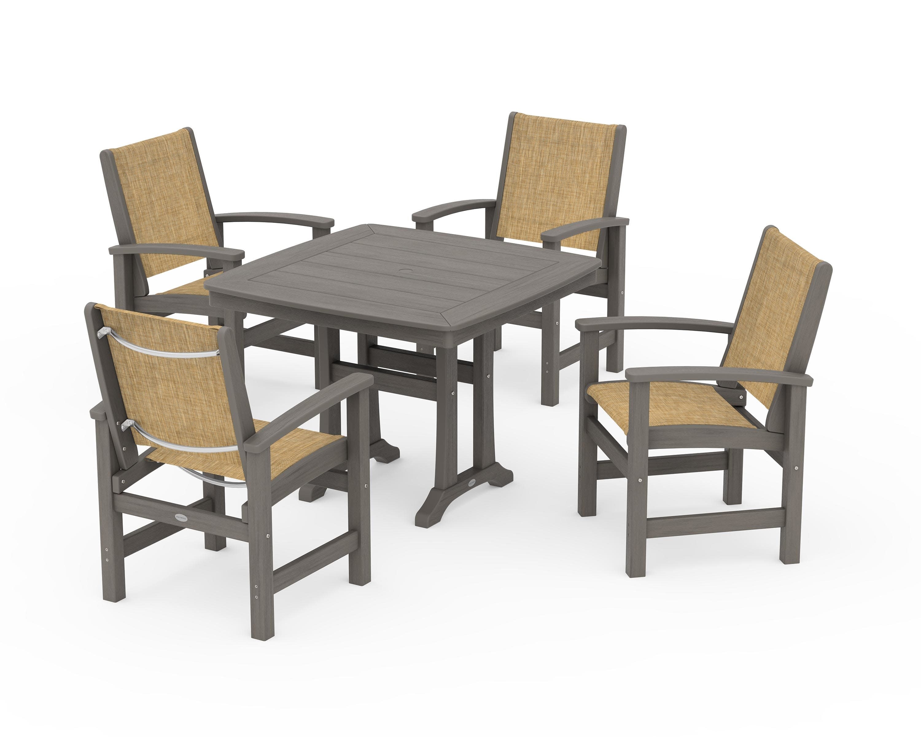 Coastal 5-Piece Dining Set with Trestle Legs in Driftwood / Burlap Sling